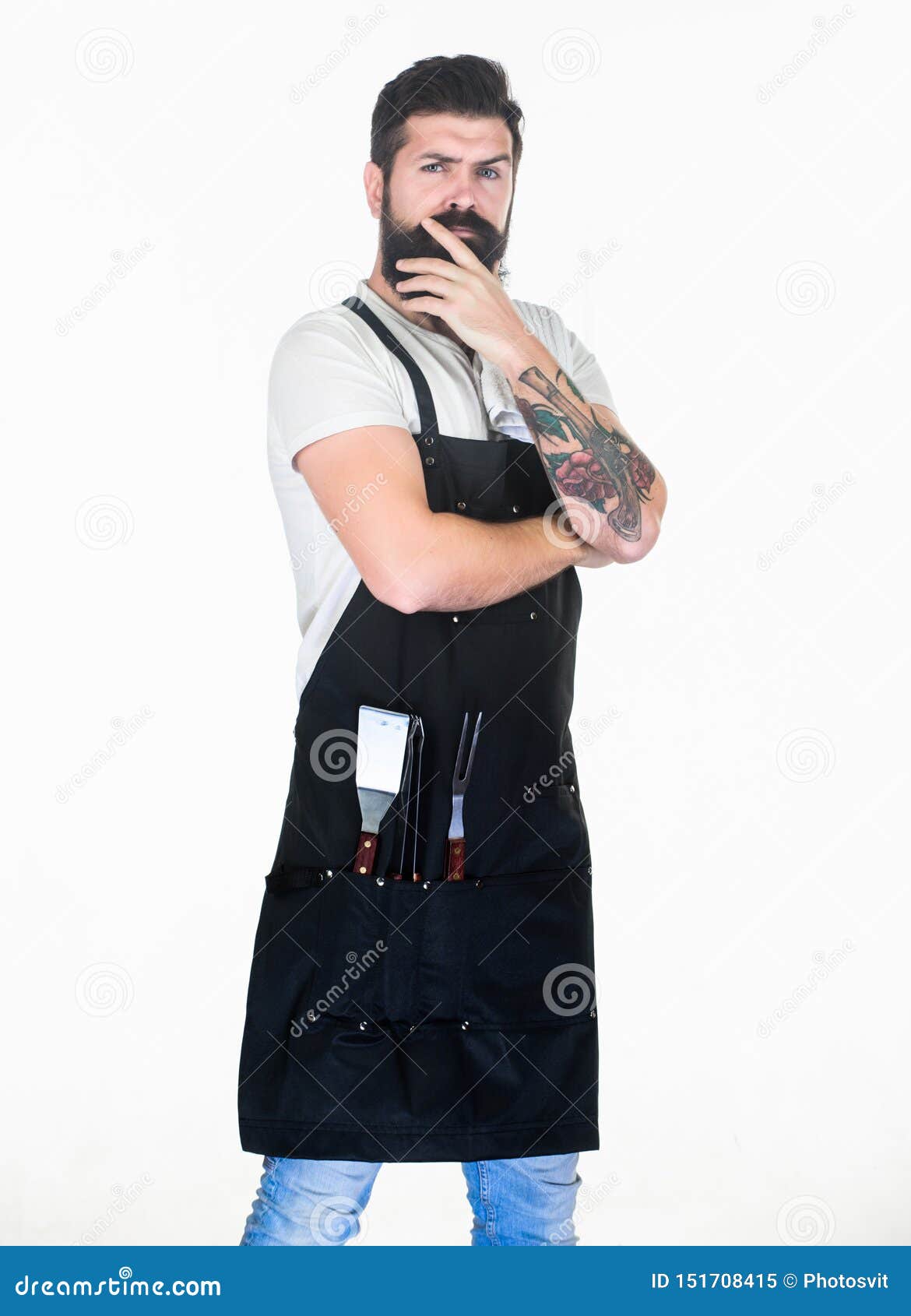 Cooking Food On Grill Using A Barbecue Set Grill Cook Bearded Man Wearing Apron With Grill 