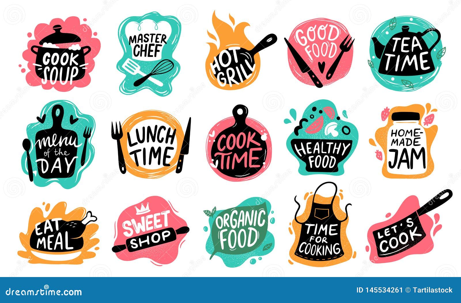 cooking food lettering. kitchen badge logos, baking foods typography and cook labels  set