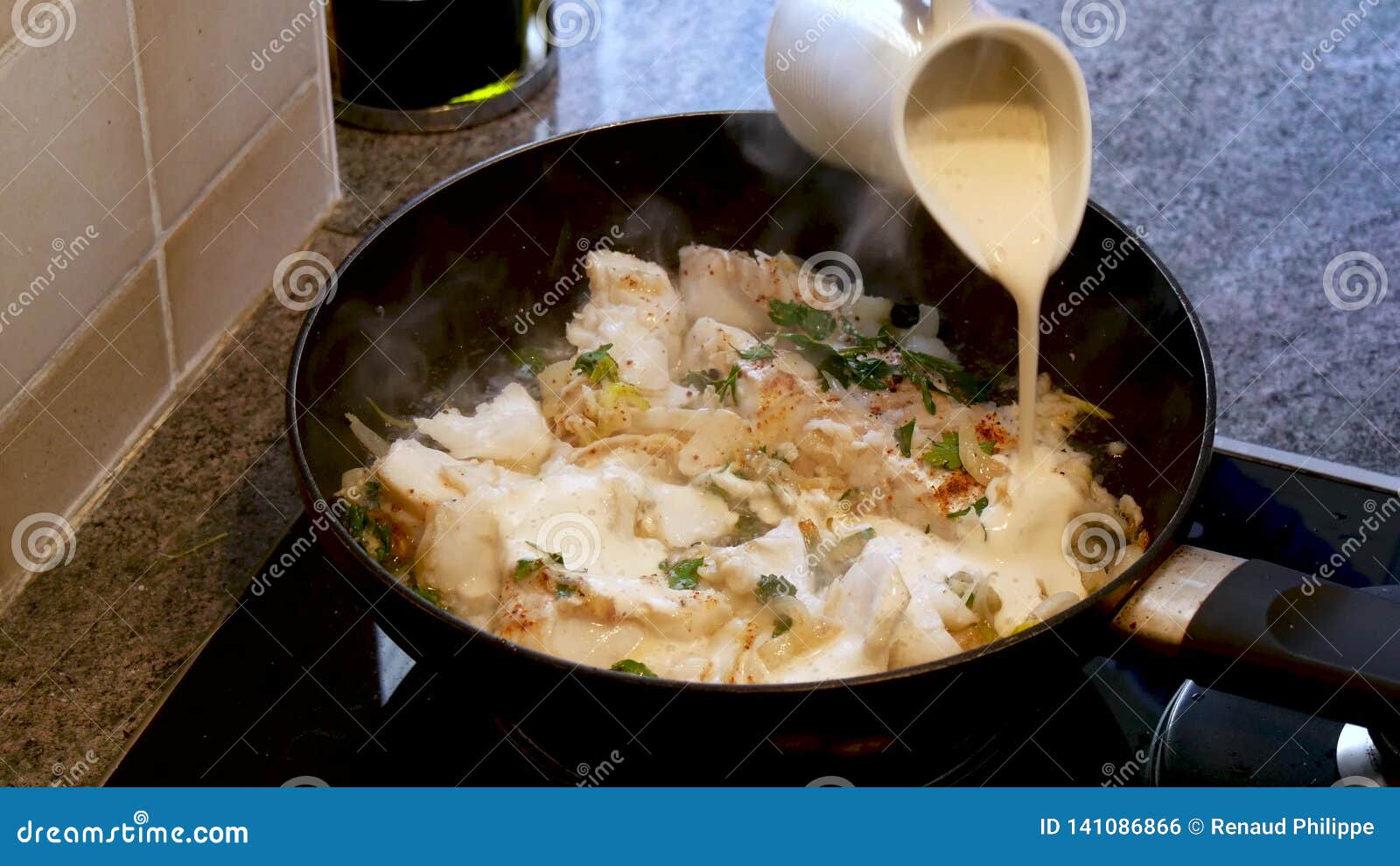 Cooking of Fresh Fish, Cod Fillets with Addition of Cream, Herbs and