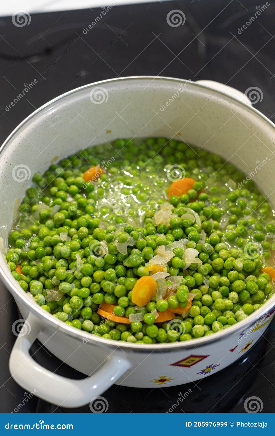 Cooking Green Peas in the Pot on the Stove Stock Image Image of green