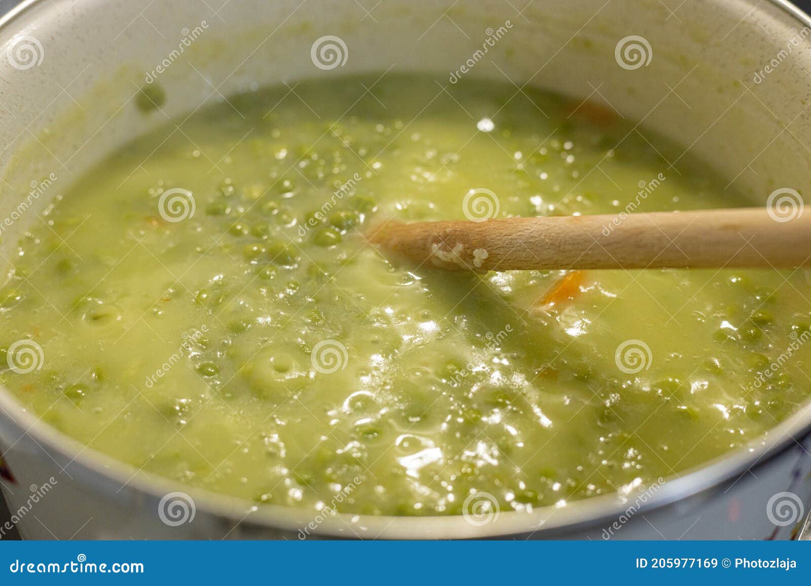 Cooking Green Peas in the Pot on the Stove Stock Image Image of
