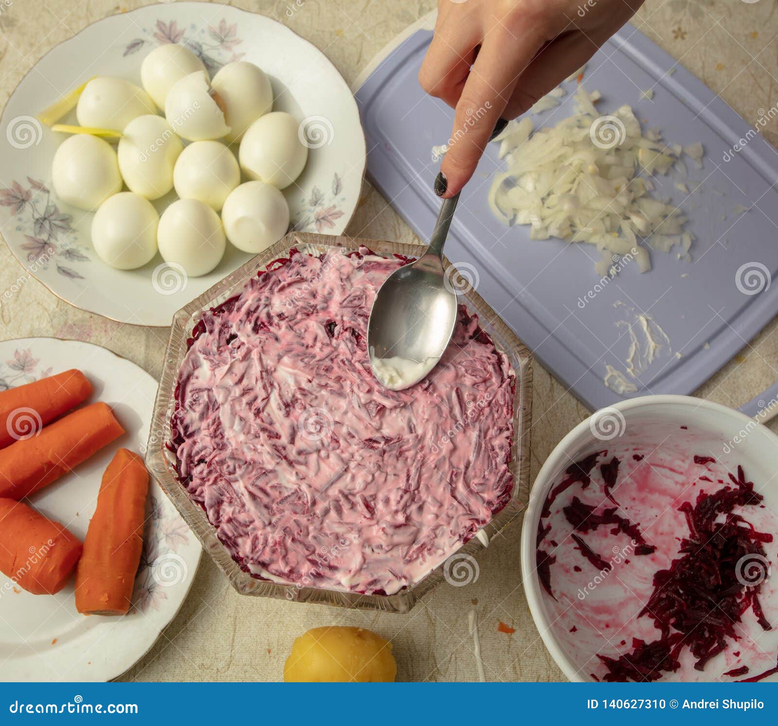 Cooking Herring Under a Fur Coat in the Kitchen Stock Photo Image of