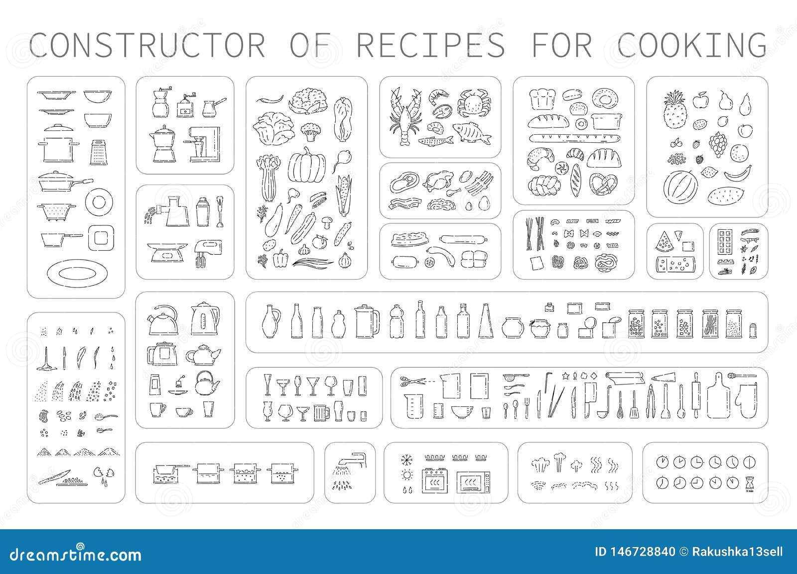 cooking instruction icons of different food utensils and appliances for kitchen. step guide constructor set line art