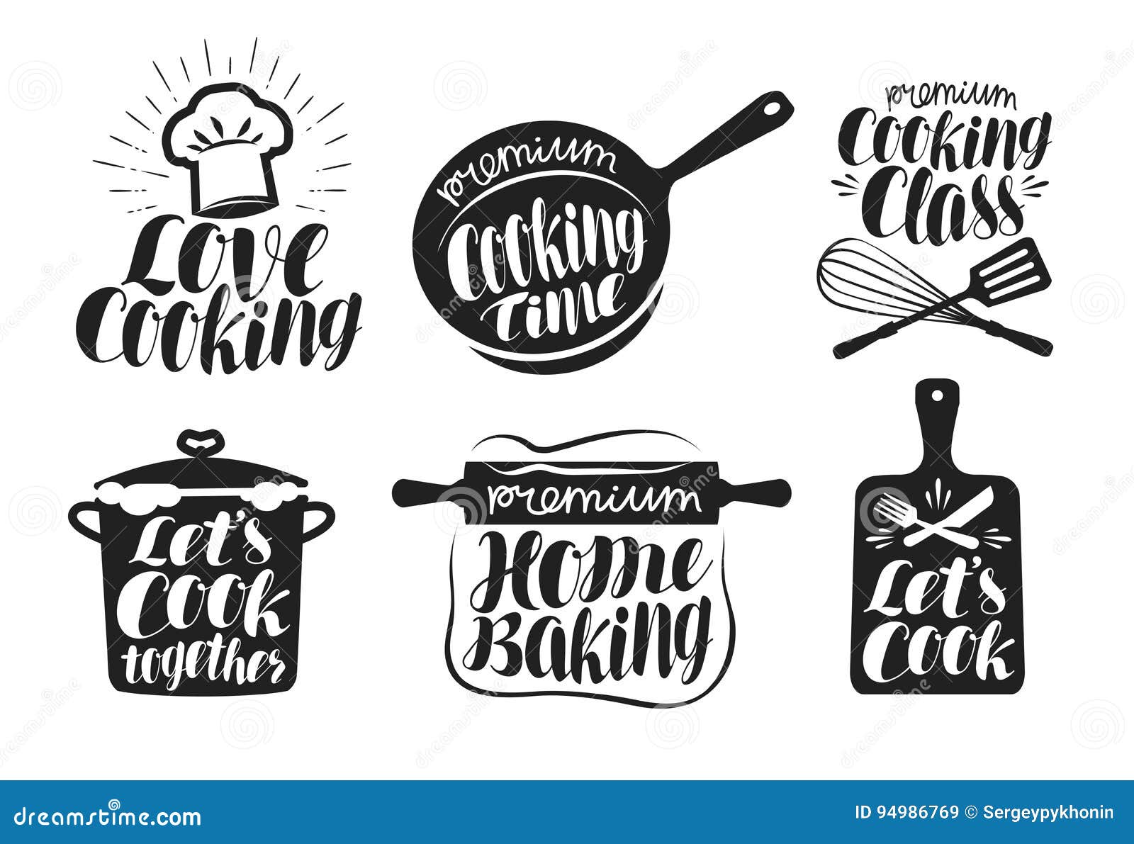 cooking label set. cook, food, eat, home baking icon or logo. lettering, calligraphy  