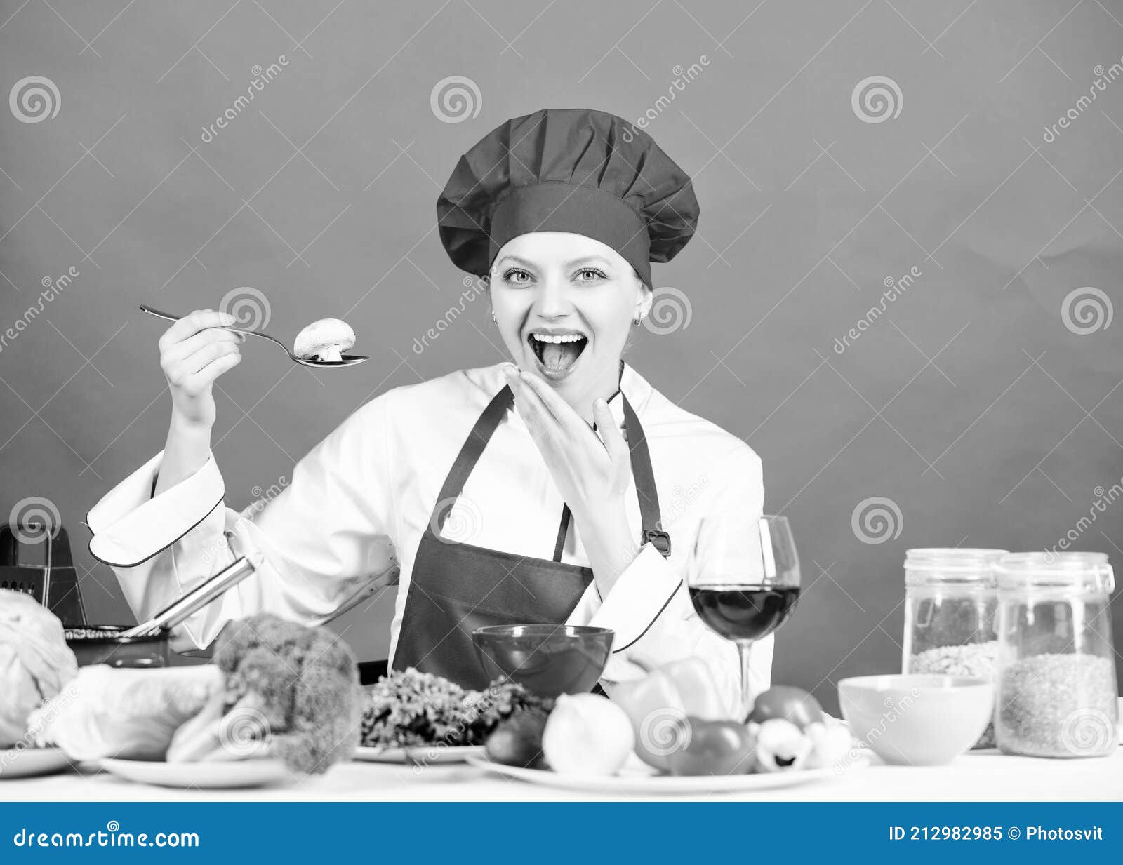 Cooking Meal. Girl at Kitchen Table. Cooking Food and Housekeeping ...