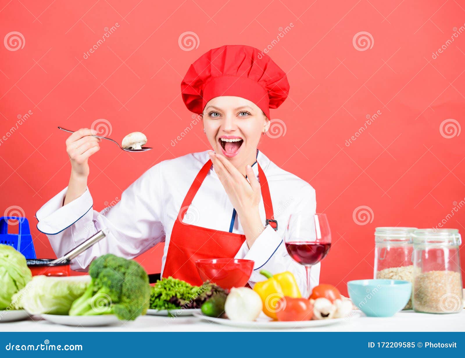 Cooking Meal. Girl at Kitchen Table. Cooking Food and Housekeeping ...