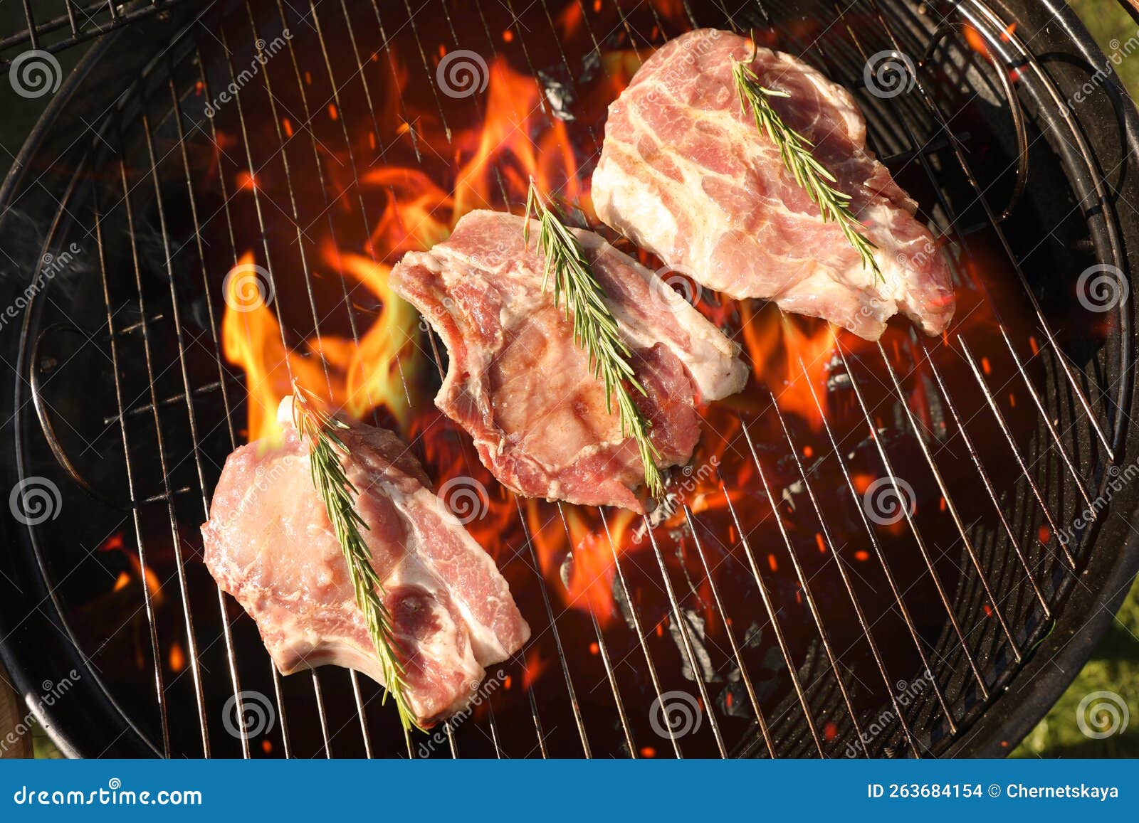 Cooking Meat on Barbecue Grill Outdoors, Top View Stock Photo Image