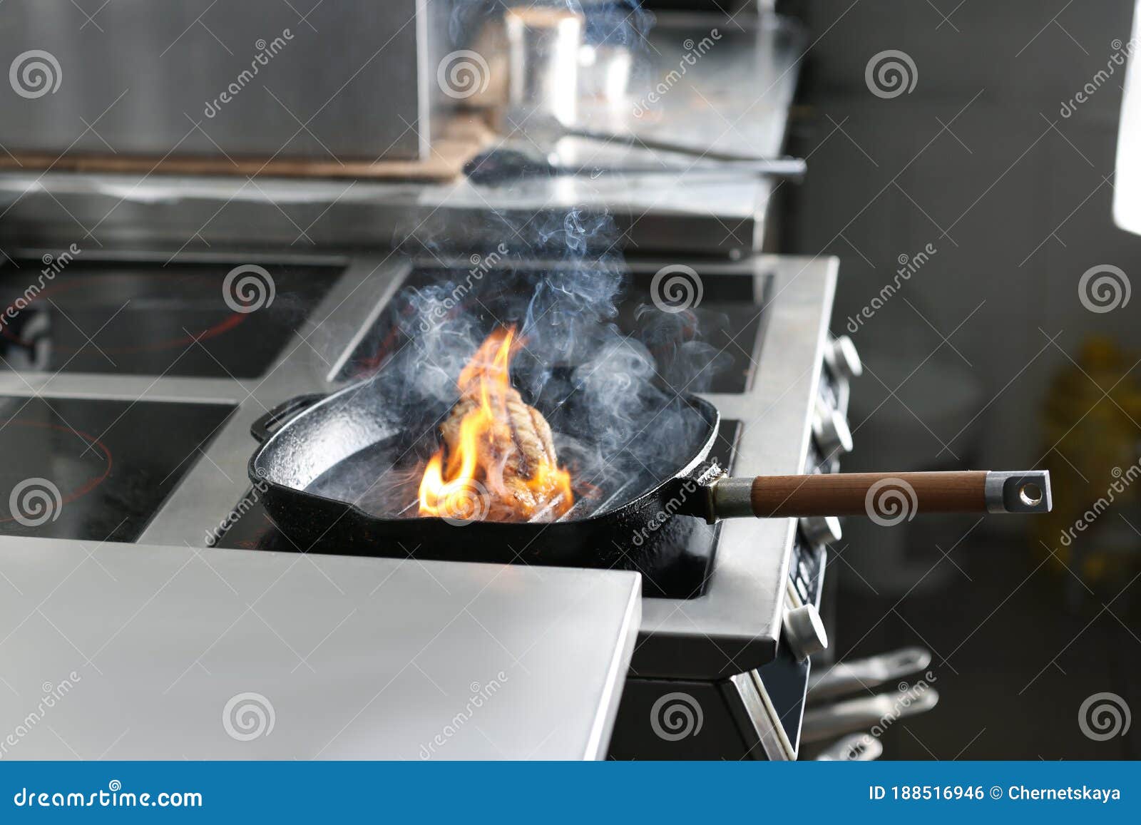 Cooking Meat with Flame in Restaurant Kitchen Stock Photo Image of