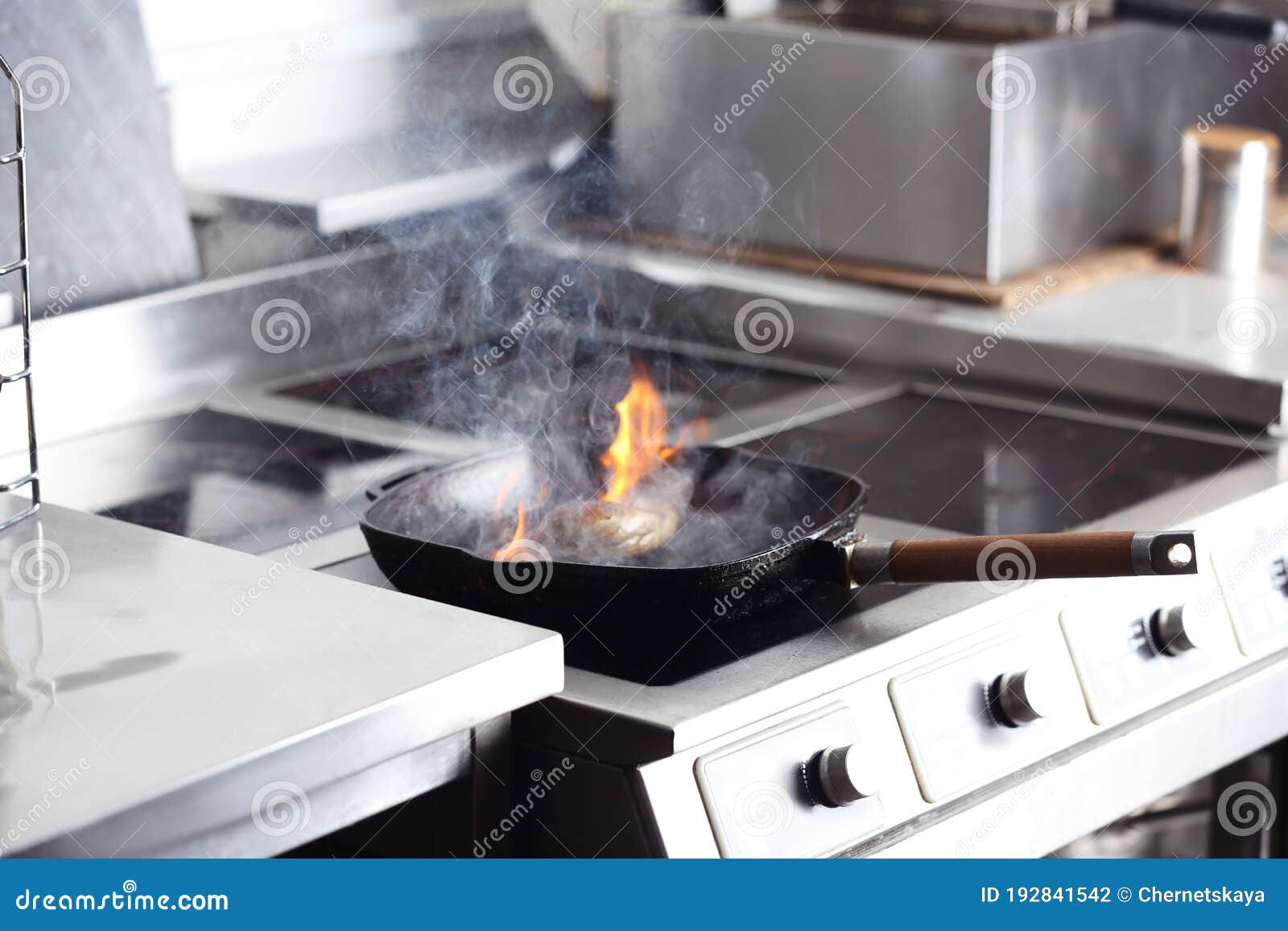 Cooking Meat with Flame in Restaurant Kitchen Stock Photo Image of