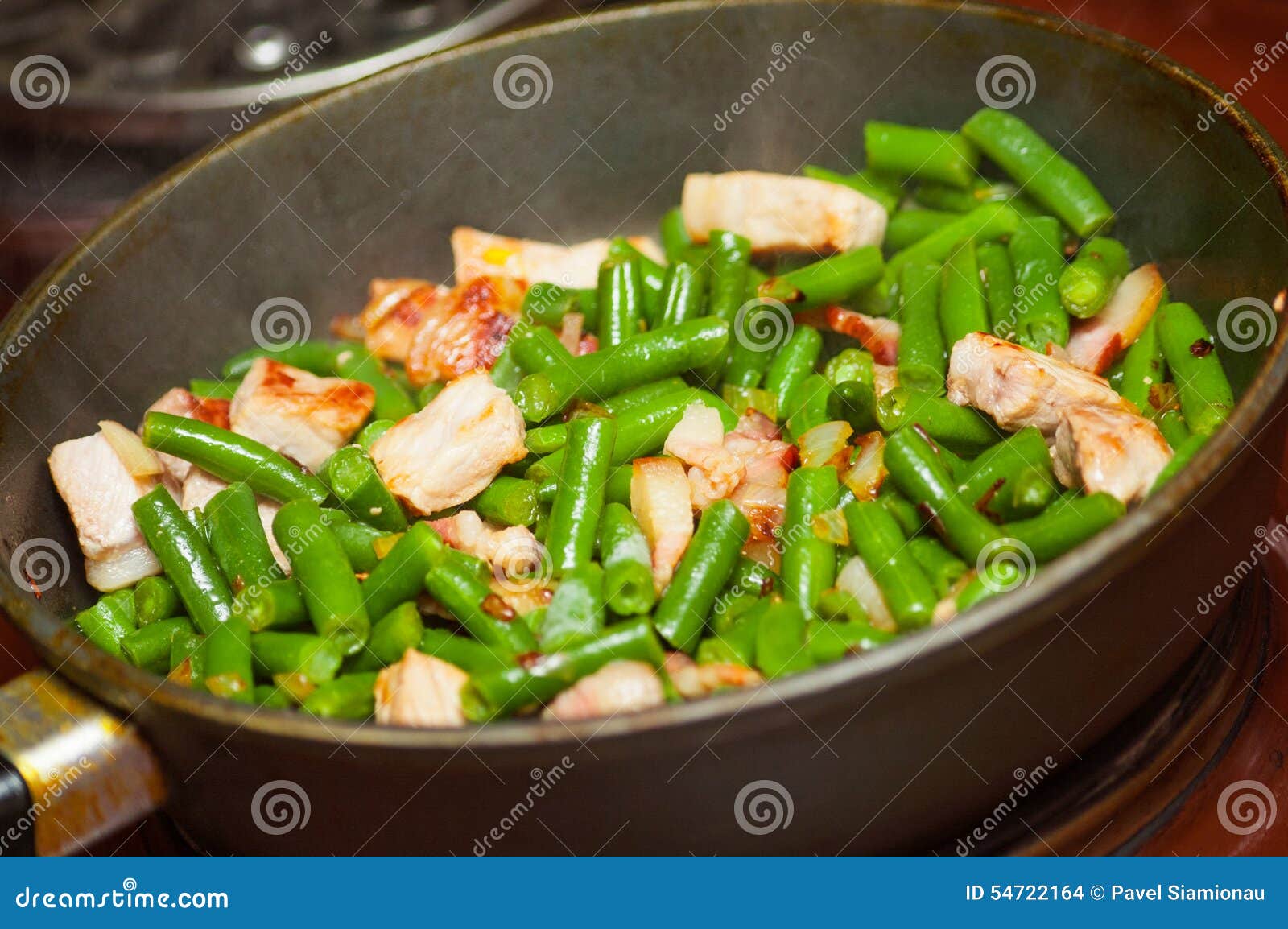 Cooking Meat with Green Beans in Pan Stock Photo Image of garlic, chicken 54722164