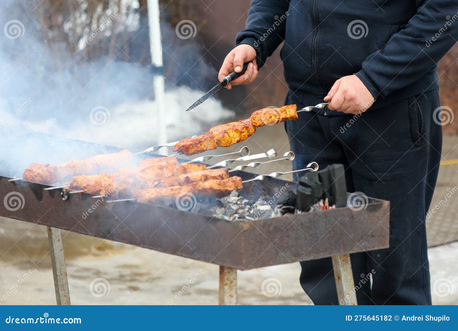 Cooking Meat Skewers on Skewers on the Grill Stock Photo Image of