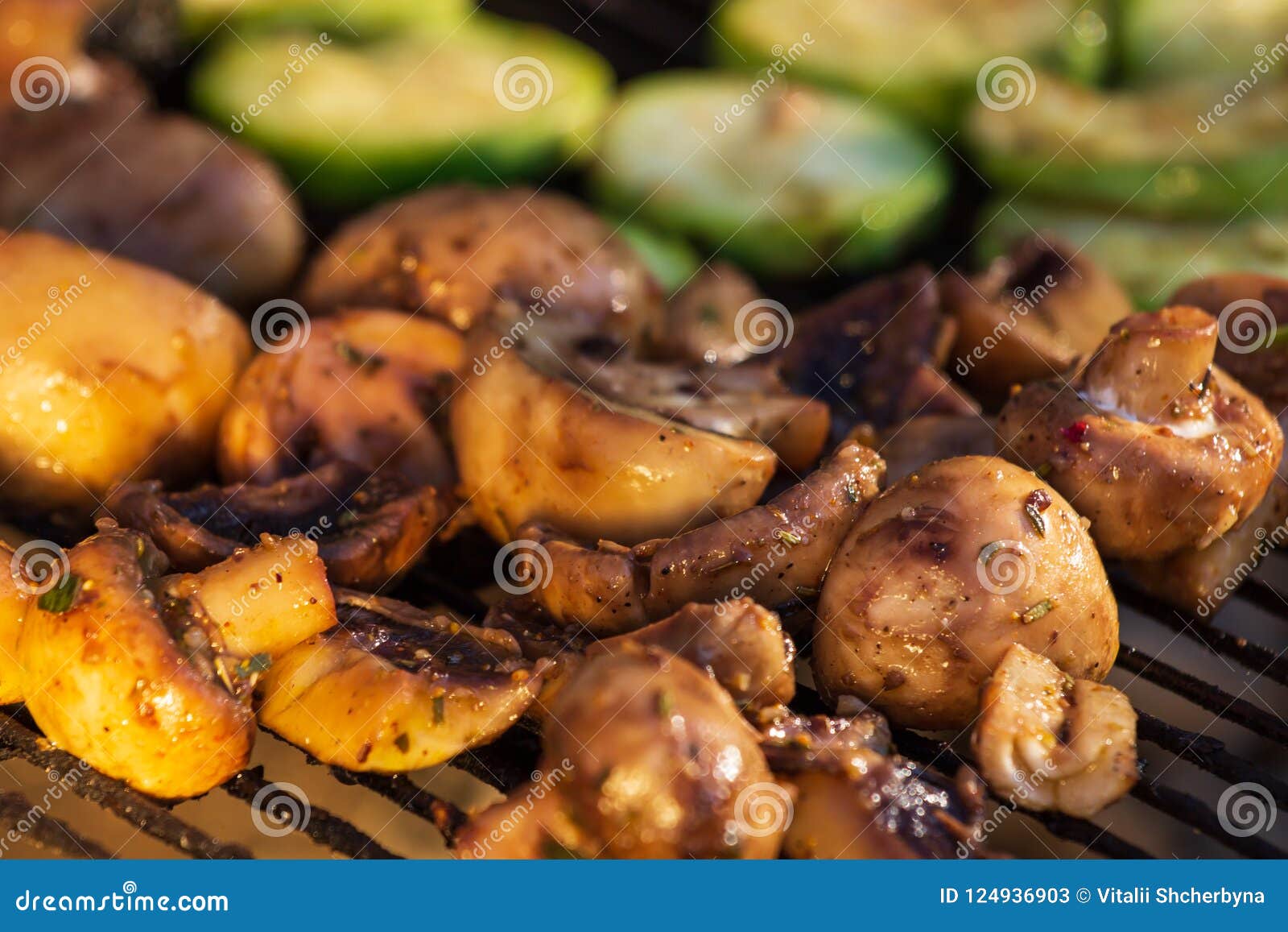 Cooking Mushrooms on the Grill in the Restaurant Stock Image Image of