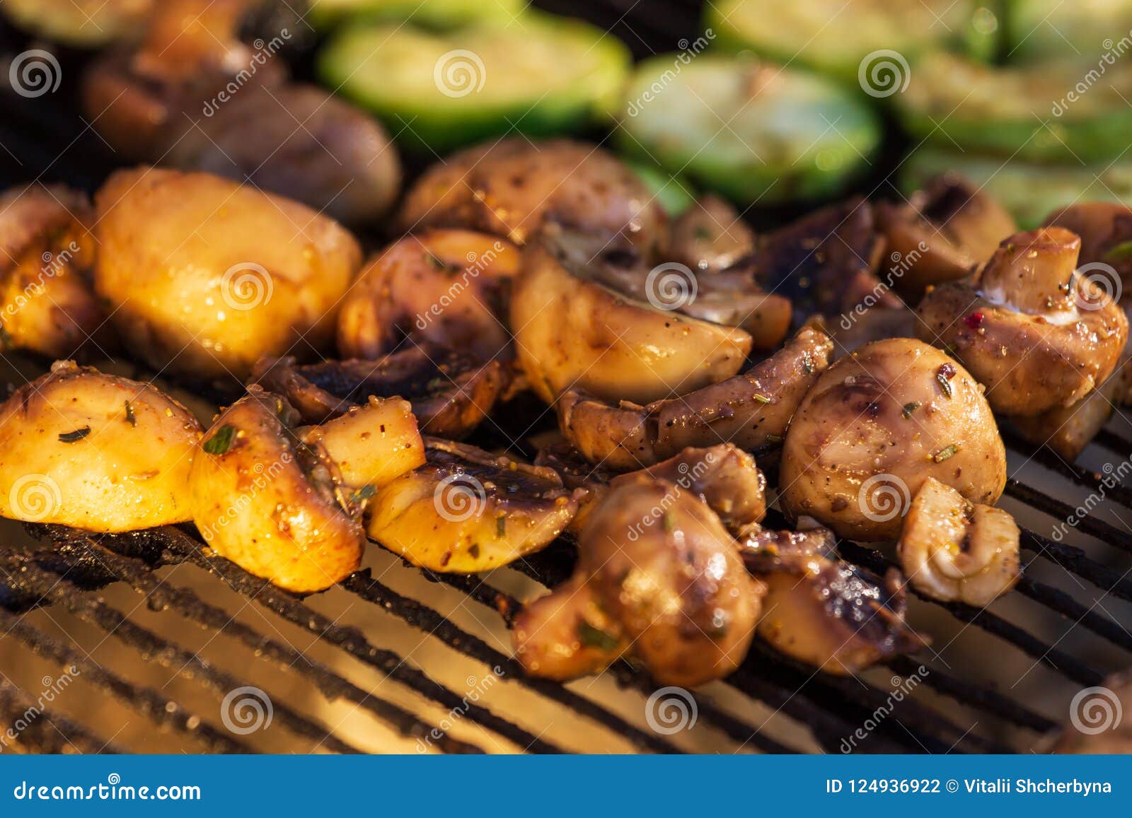 Cooking Mushrooms on the Grill in the Restaurant Stock Photo Image of