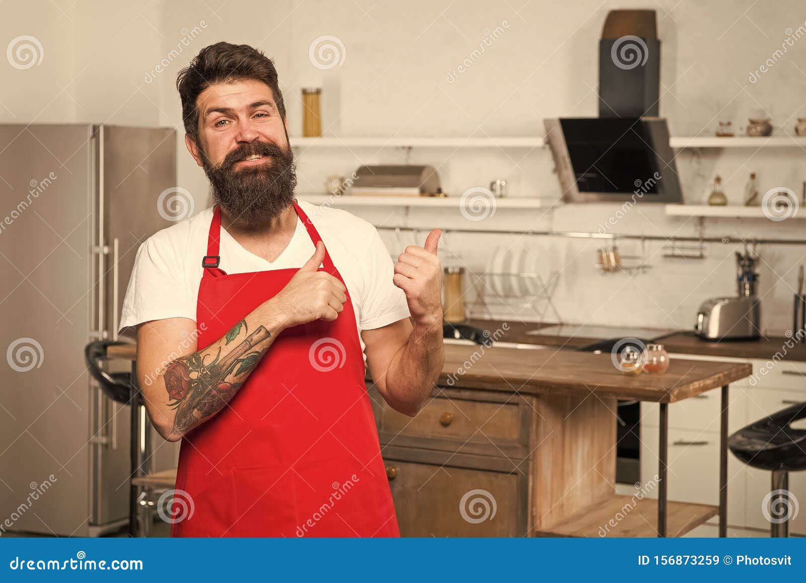 Cooking Is My Life Bearded Man In Red Apron Restaurant Or Cafe Cook Hipster In Kitchen 