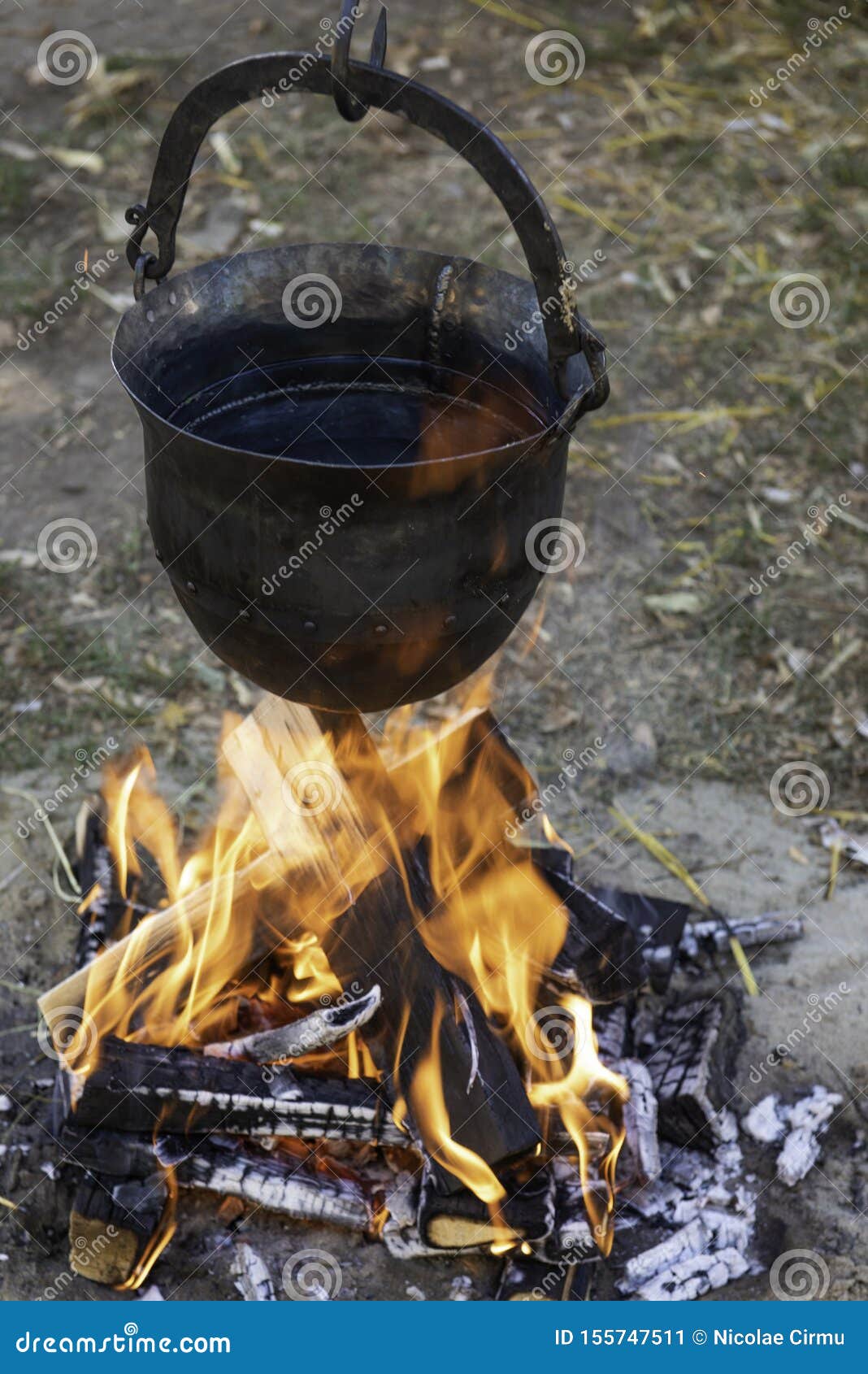 Cooking Outdoor in a Old Tin Kettle from Middle Age Stock Image Image