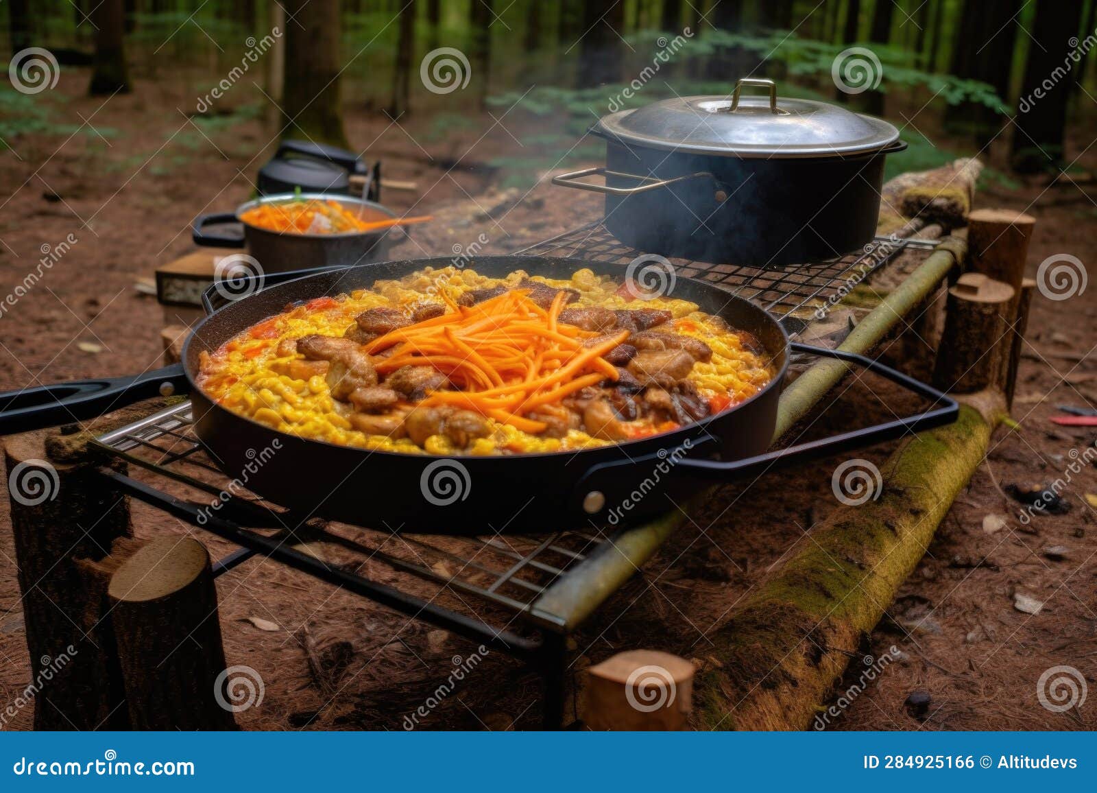 Cooking Paella Outdoors with Camping Equipment Stock Photo Image of