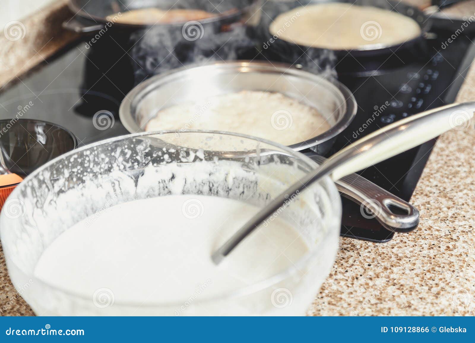 Cooking Pancakes in Several Pans Stock Photo Image of mistress