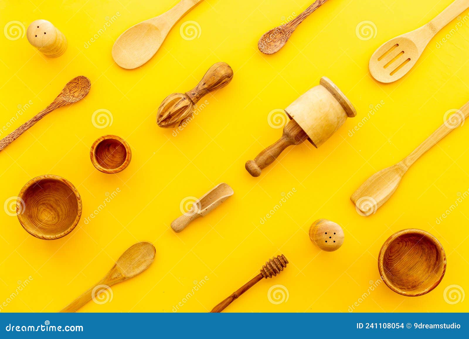 Cooking Pattern with Wooden Kitchen Utensils and Cookware Stock Photo