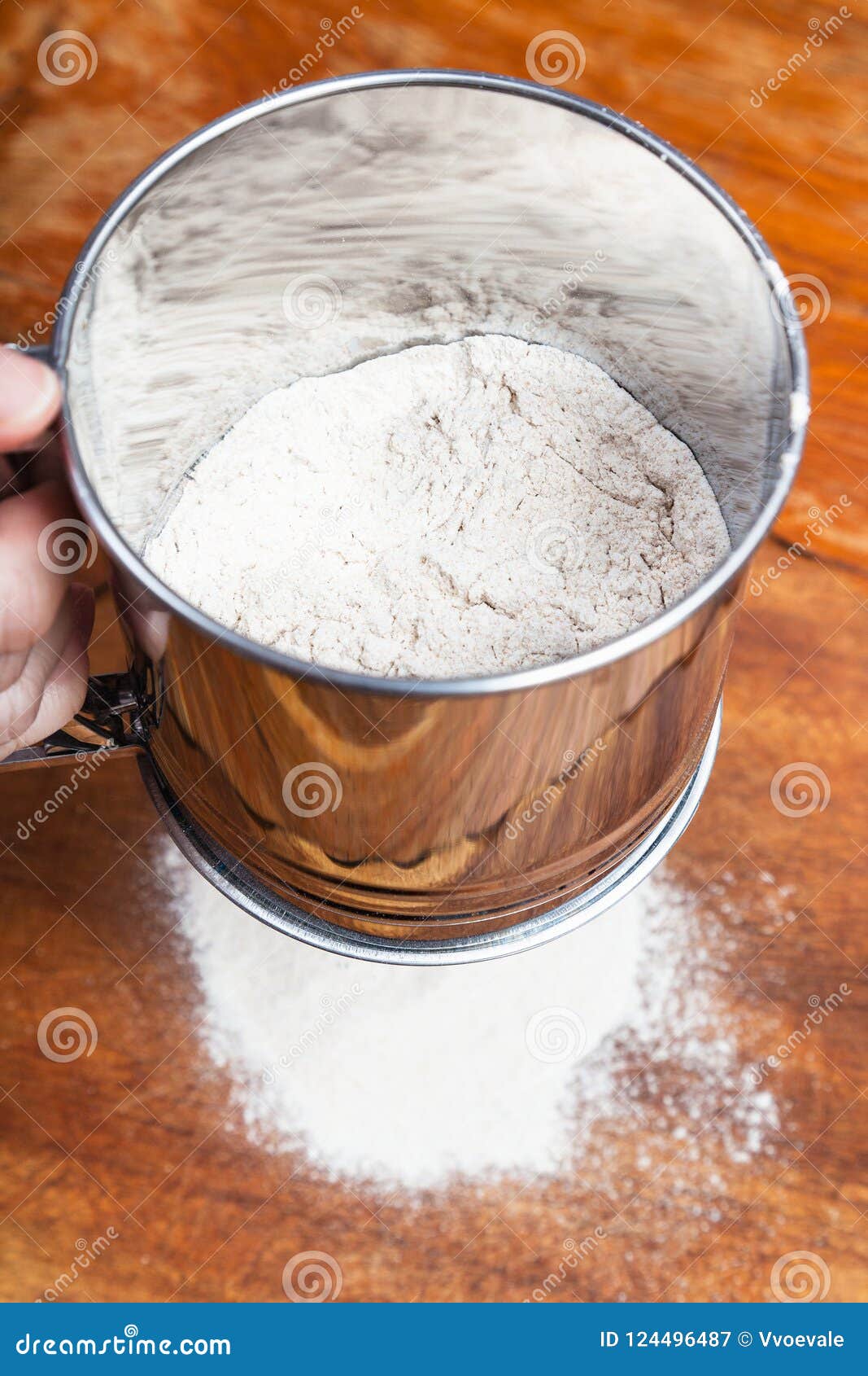Sifting the Flour through Sifter on Wooden Table Stock Image Image of powder, culinary 124496487