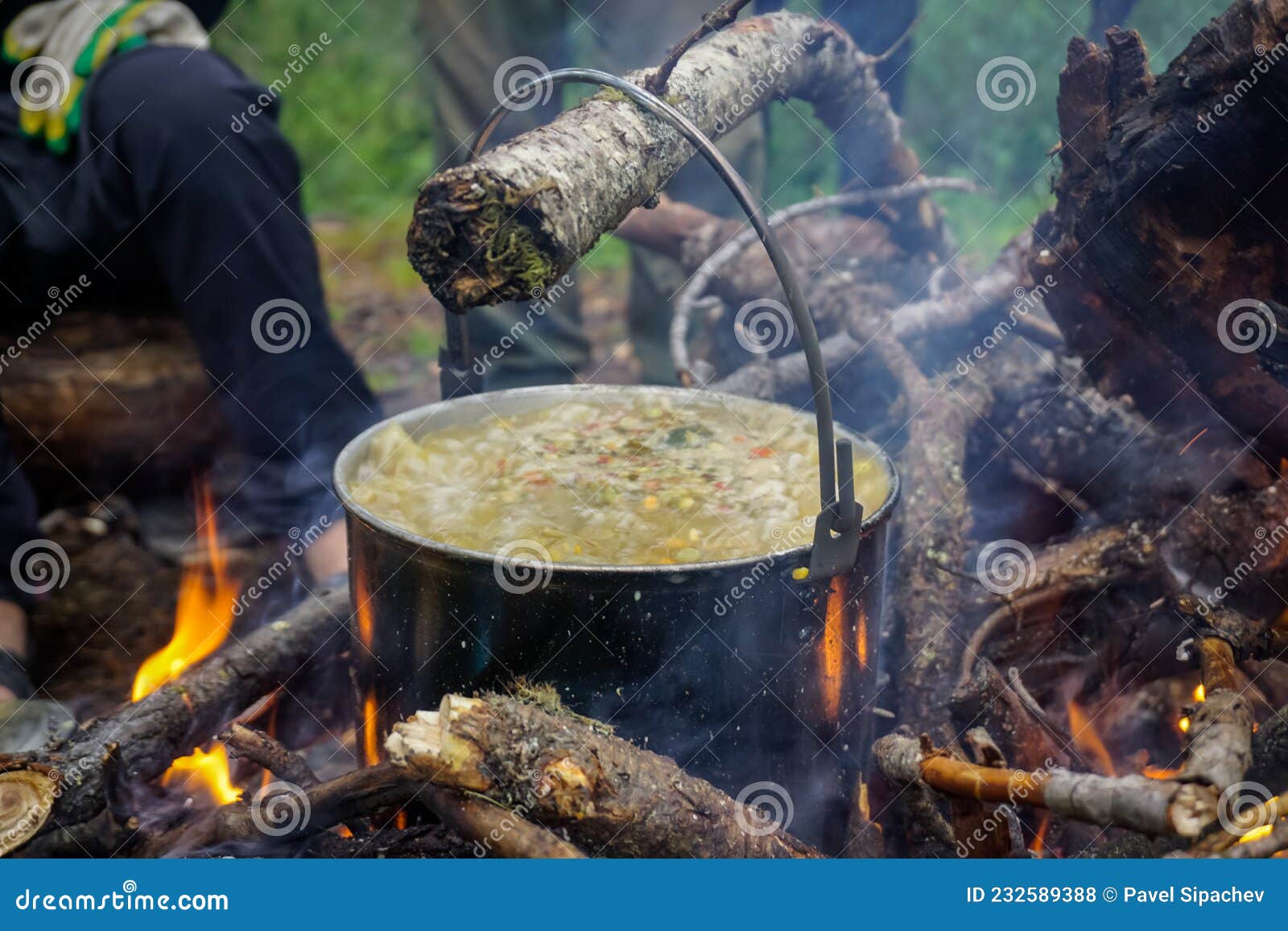 Cooking in a Pot Over a Fire in the Taiga Stock Photo Image of rest