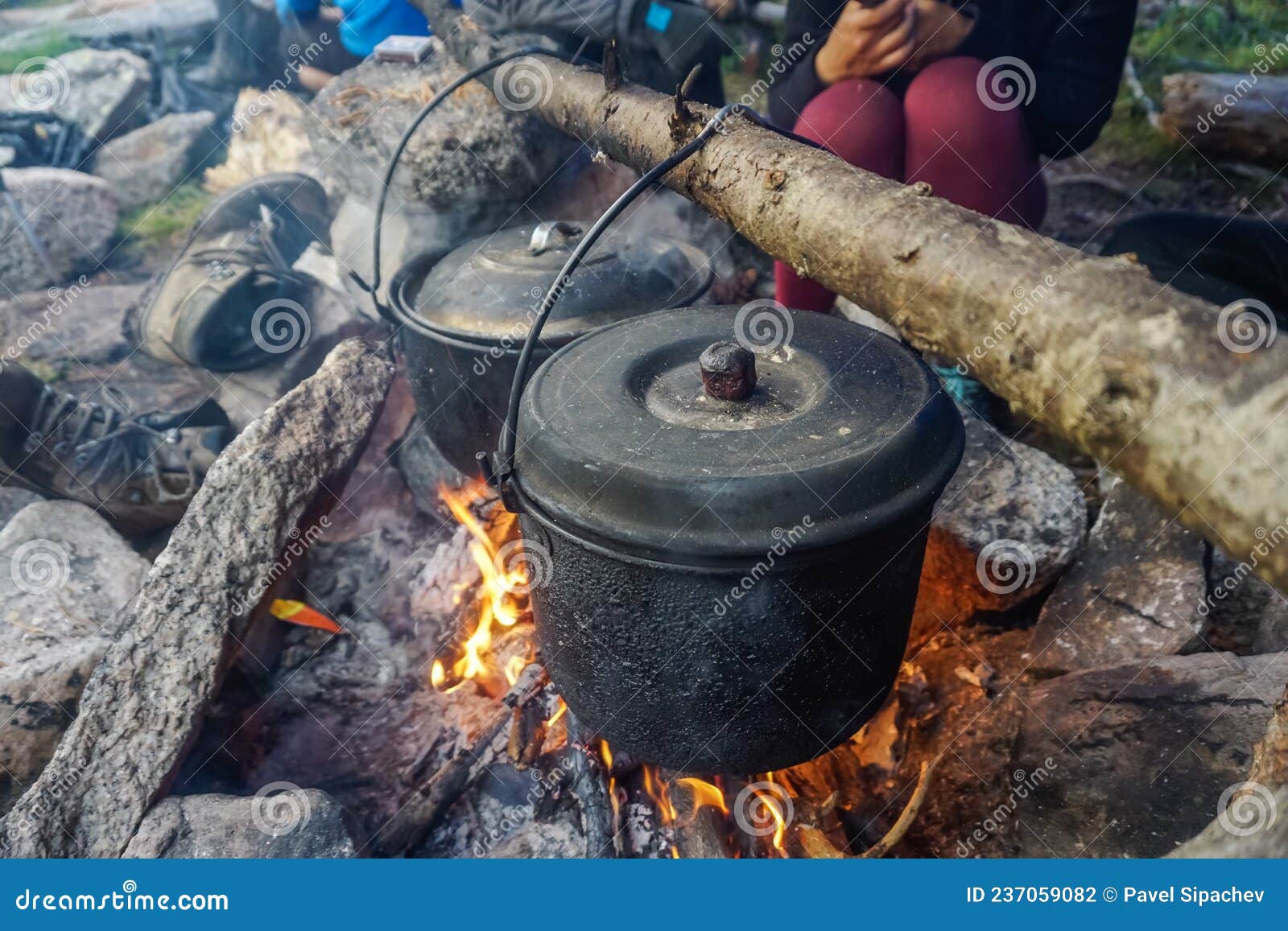Cooking in a Pot Over a Fire in the Taiga Stock Photo Image of forest