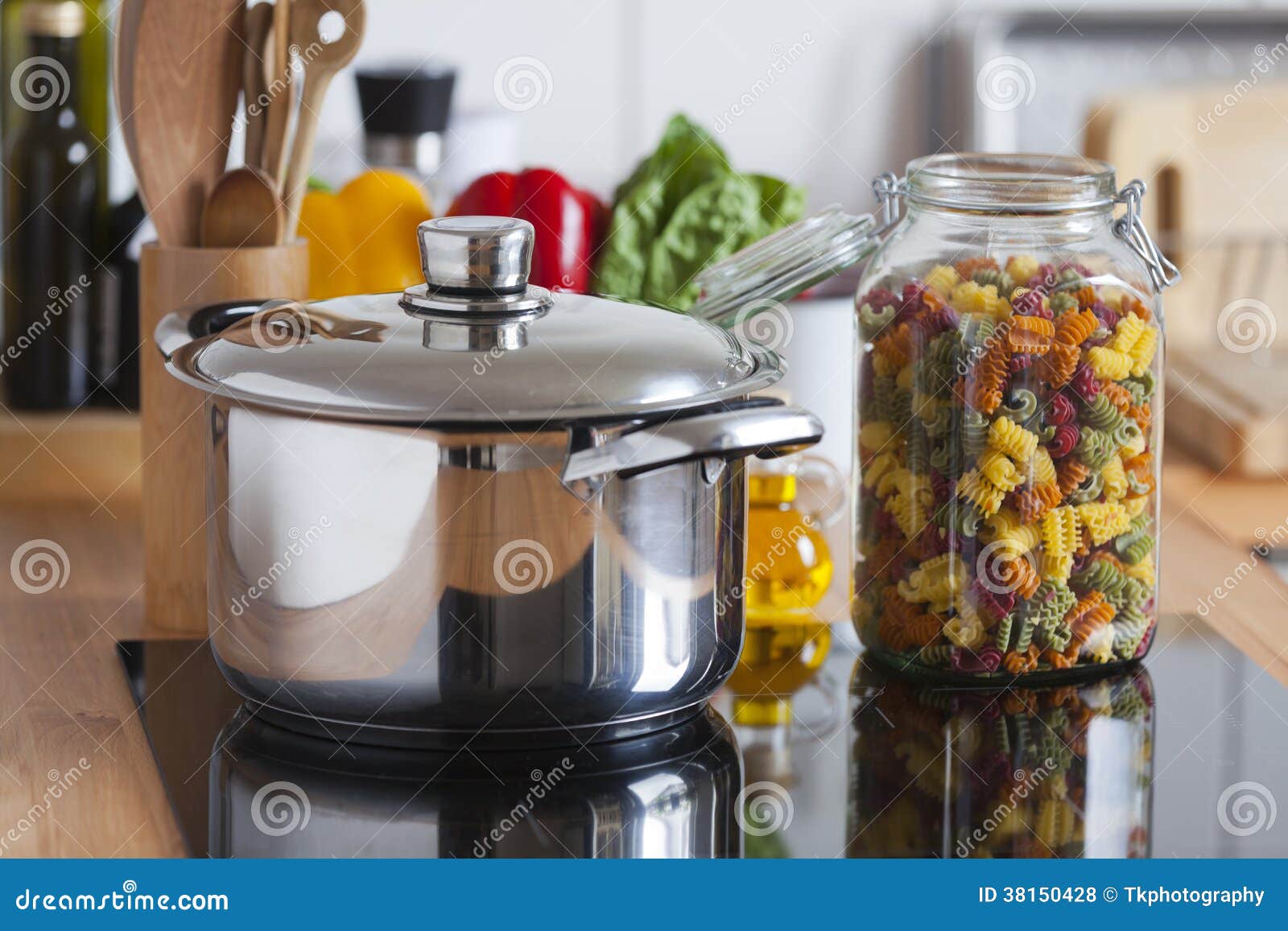 Cooking Pot and a Storage Jar with Colorful Pasta Stock Photo Image