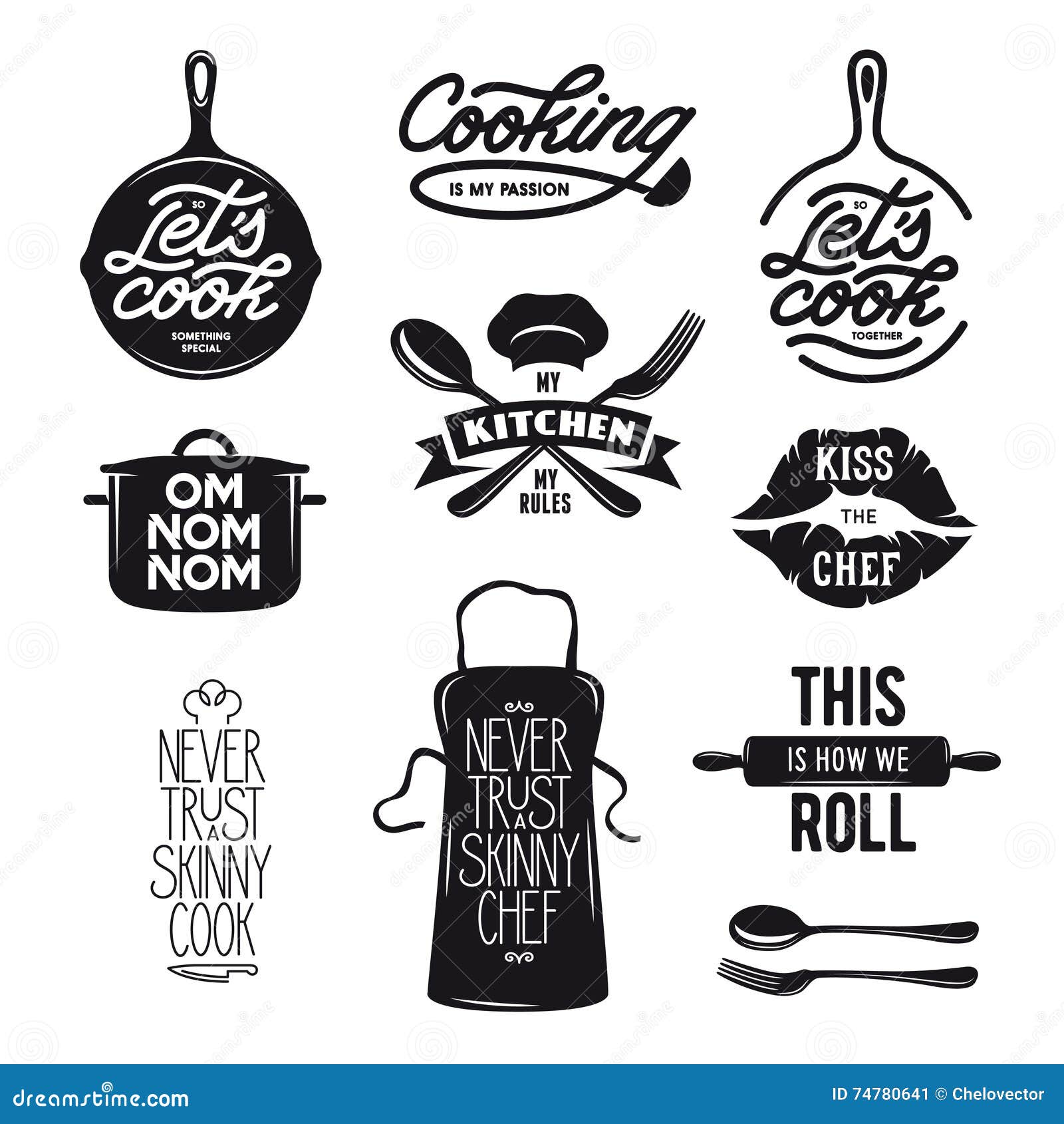 Cooking Related Typography Set. Quotes about Kitchen. Vintage Vector  Illustration. Stock Vector - Illustration of motivational, element: 74780641