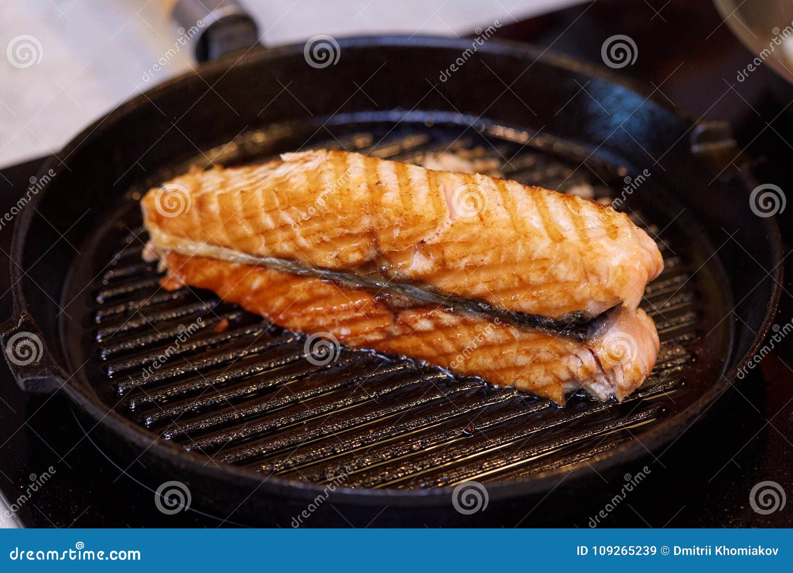 Cooking Salmon Steak Fish on the Grill Pan Stock Image Image of fish