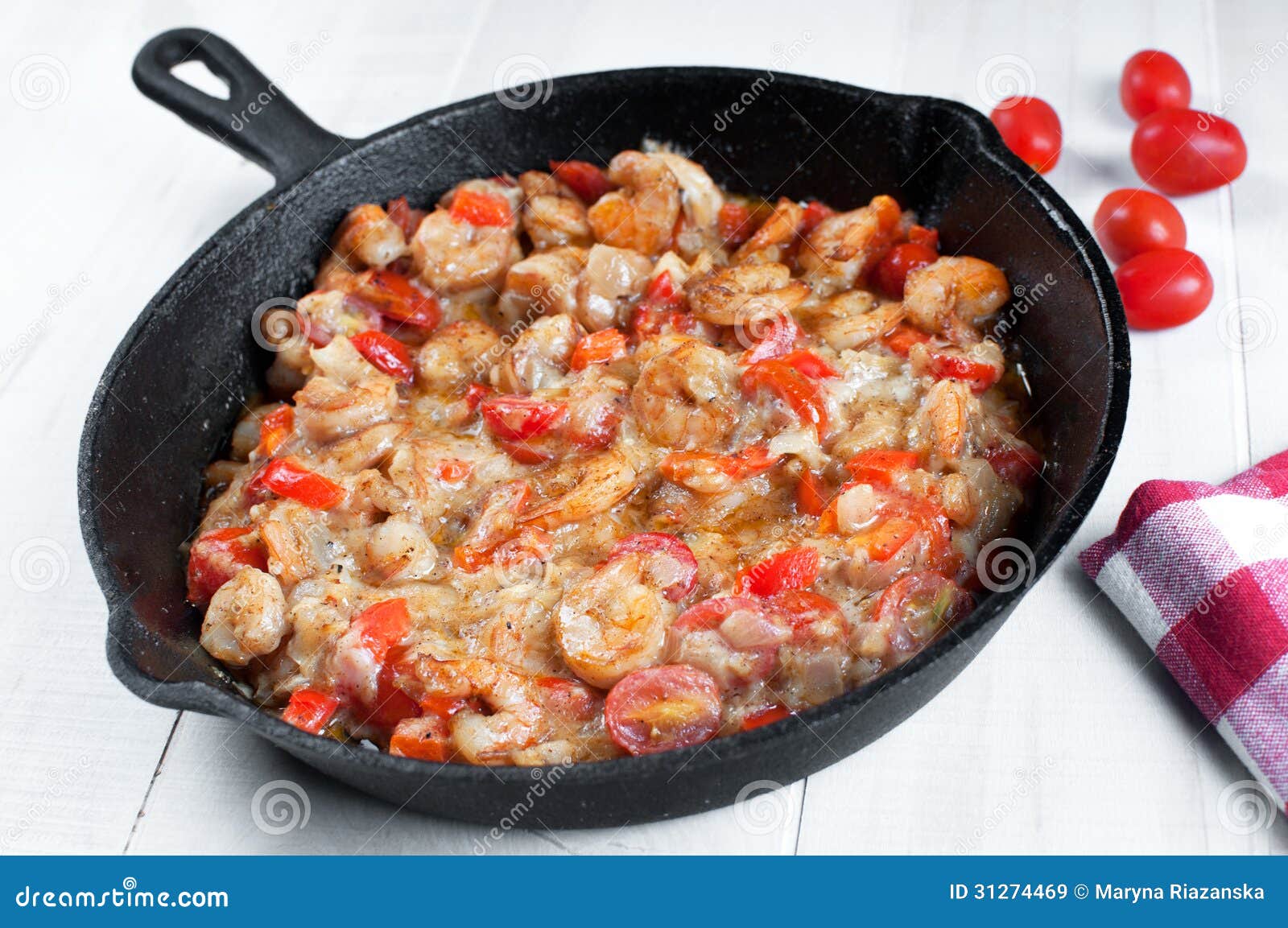 Cooking Shrimp and Cherry Tomatoes in Skillet Stock Image Image of