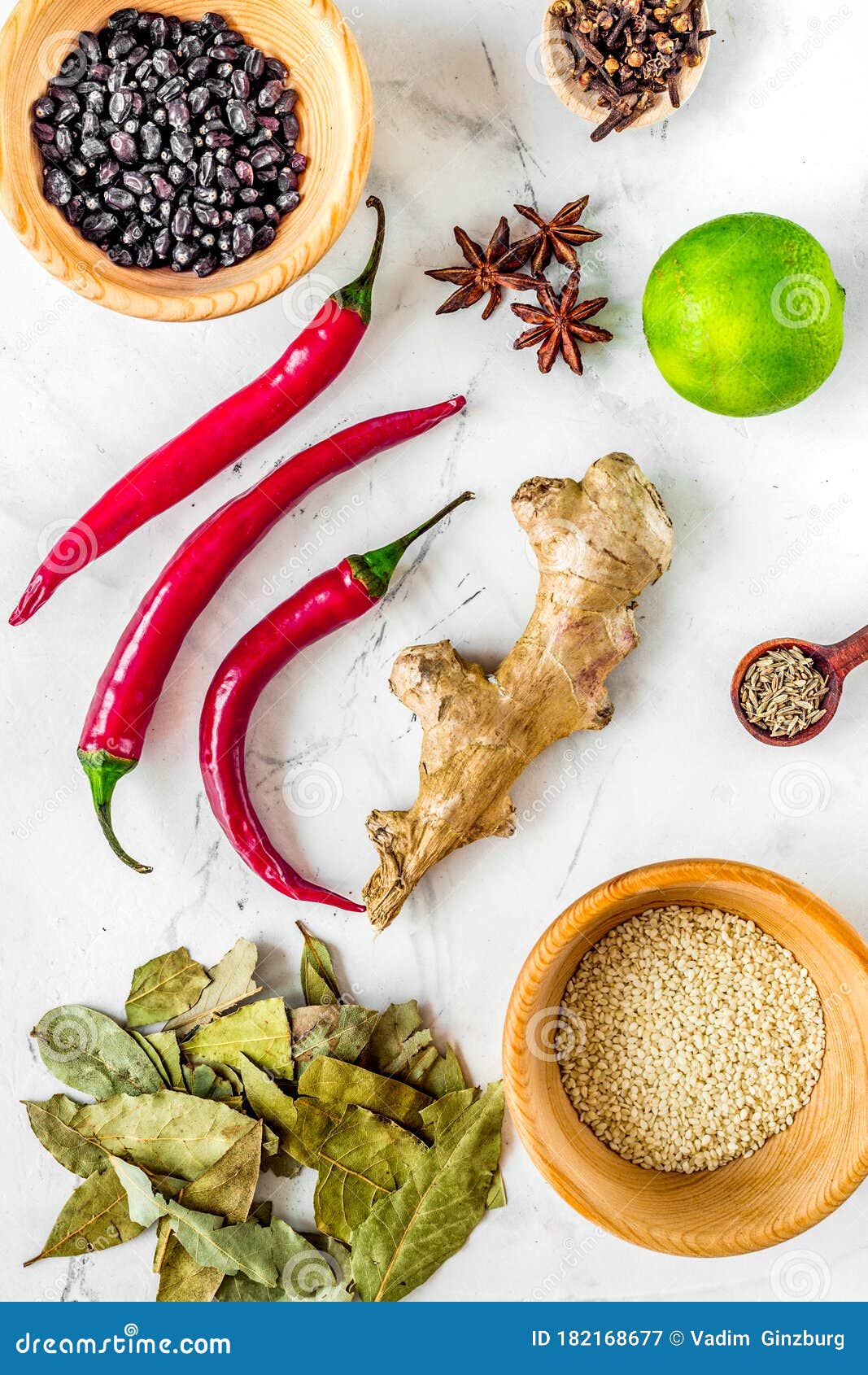 Cooking with Spices, Salt and Pepper on Kitchen Table Background Top