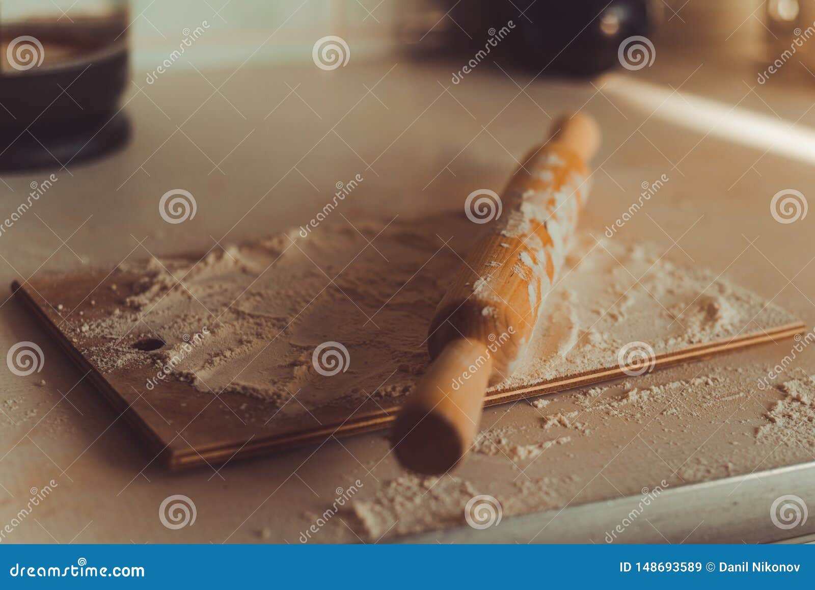 Rolling Pin and Flour on the Kitchen Table. Cooking Dough. Bakery. No