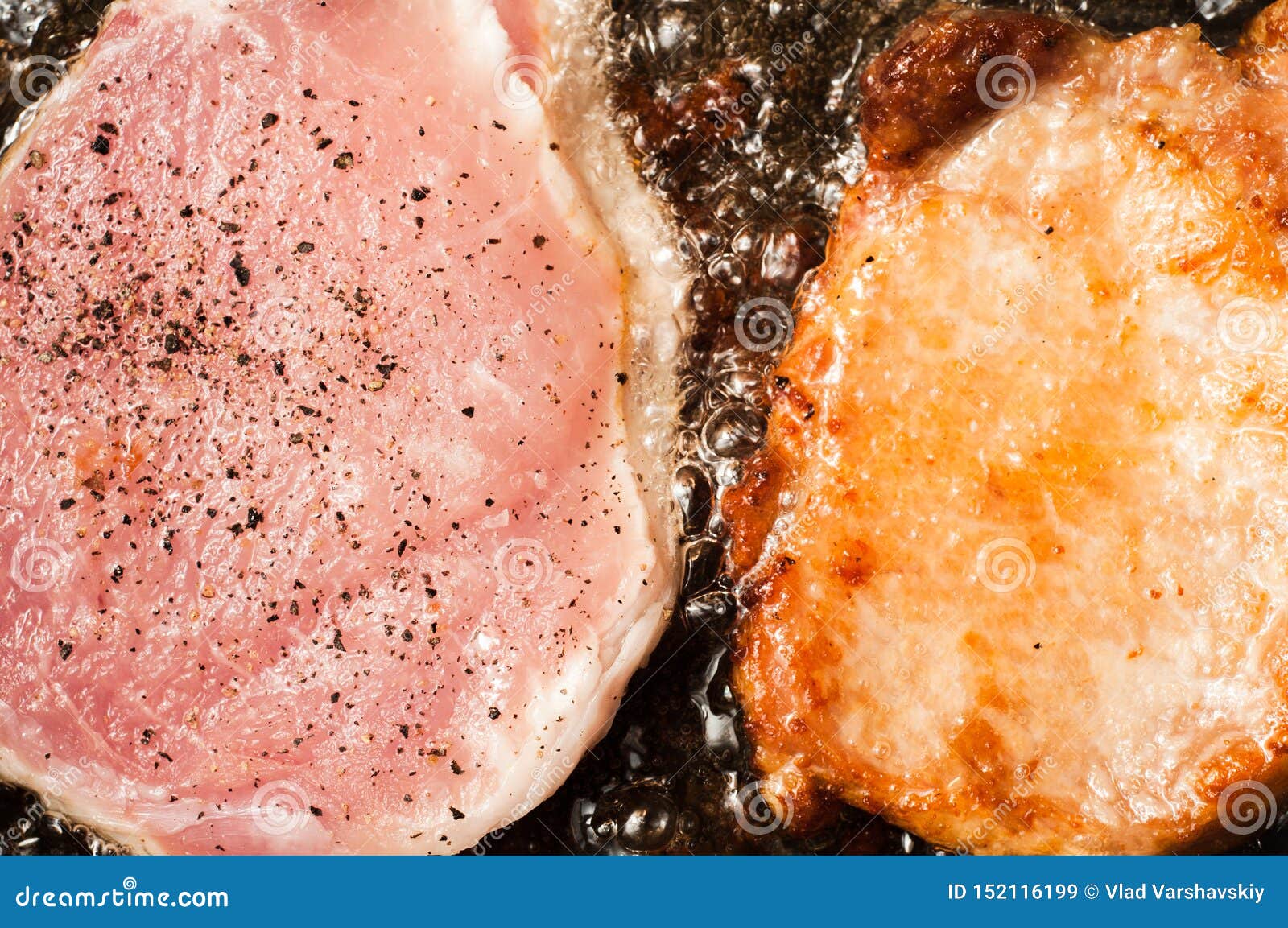 Cooking Two Steaks Closeup. Sliced Meat Fillet Stock Image Image of