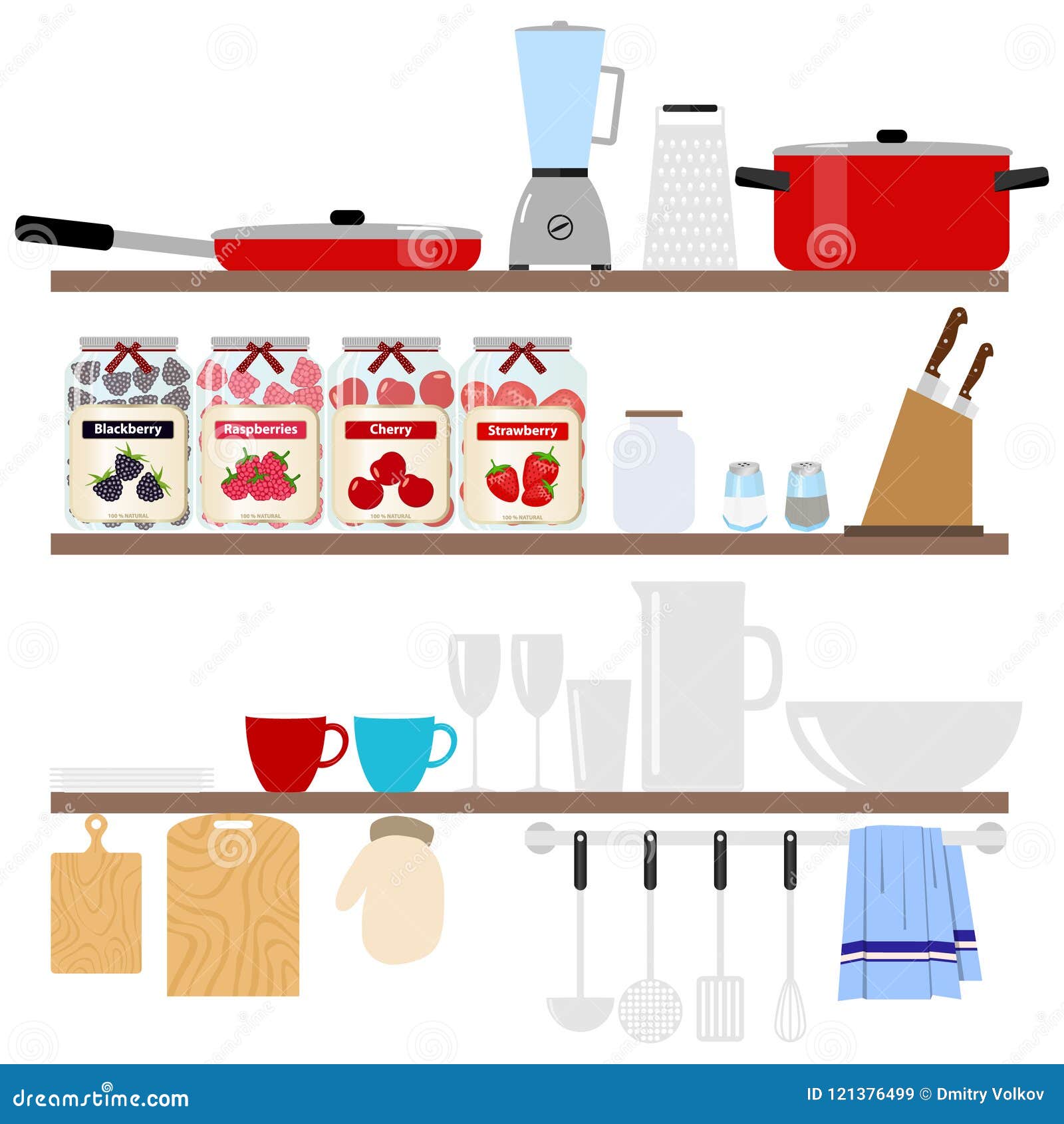 Cookware Placed on Shelves. a Large Set of Kitchen Items Stock