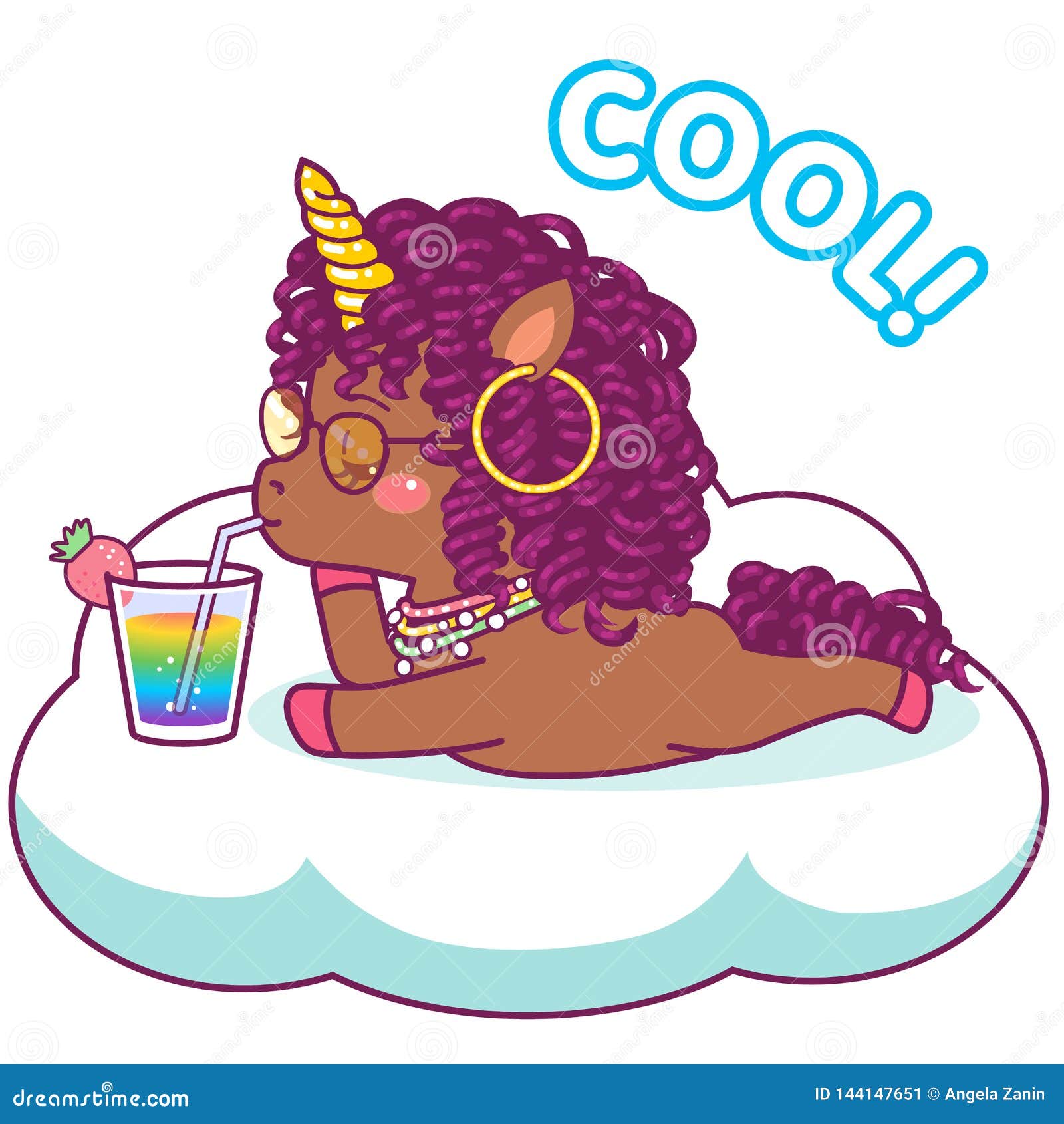 Cool Afro Unicorn, Drinking Cocktail, Relaxing on a Cloud Stock Vector -  Illustration of fantasy, character: 144147651
