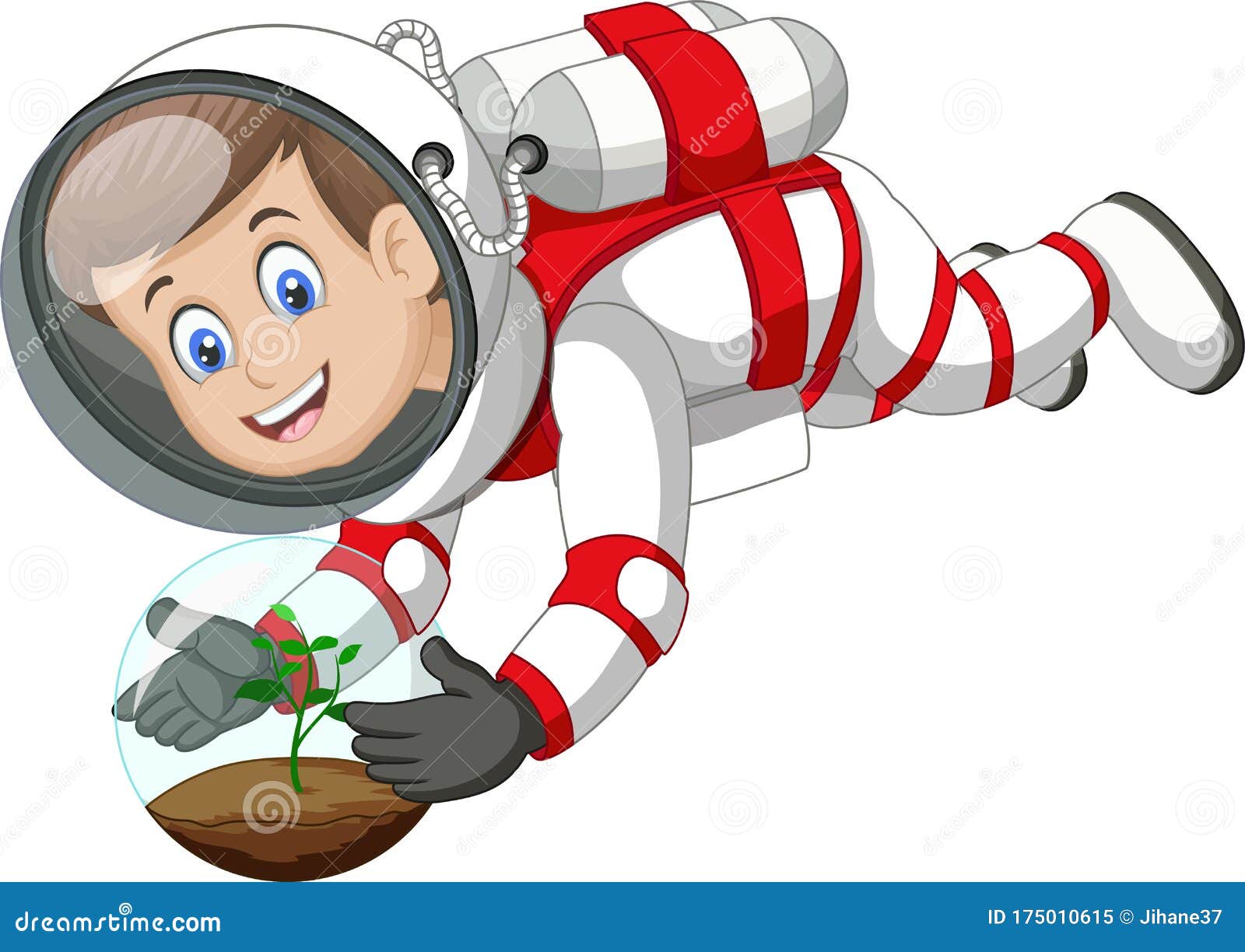 cool astronaut boy in white red suit uniform flying in zero gravity with plant cartoon