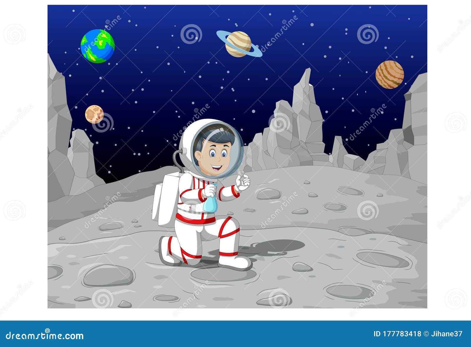 Cool Astronaut Man in White Suit on Moon Surface with Other Planets in  Background Cartoon Stock Illustration - Illustration of galaxy, happy:  177783418