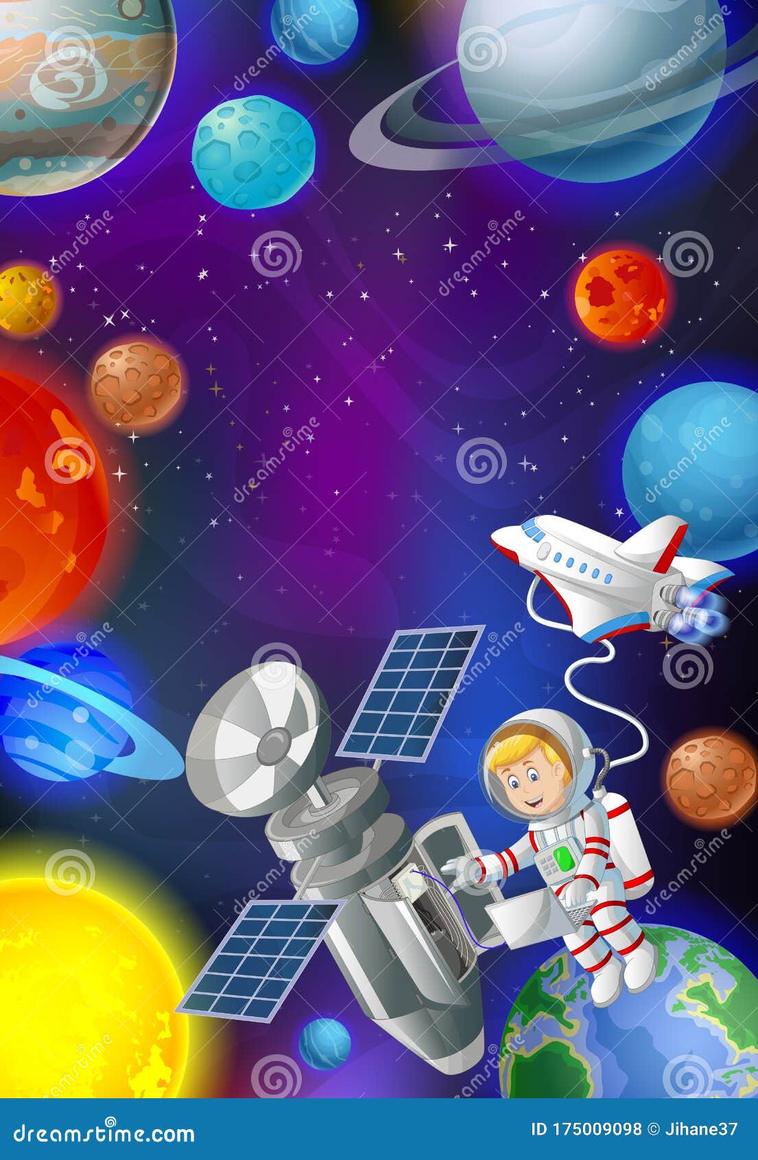 cool astronaut with satelite and rocker airplane in space cartoon