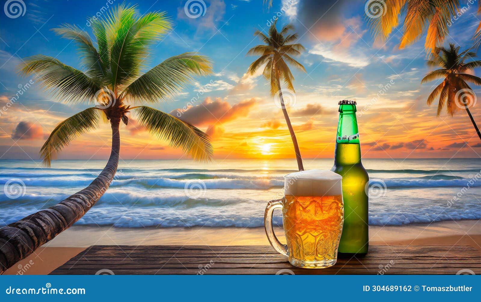 Cool Beer on Tropical Beach with Palm Trees and Turquoise Sea in the ...