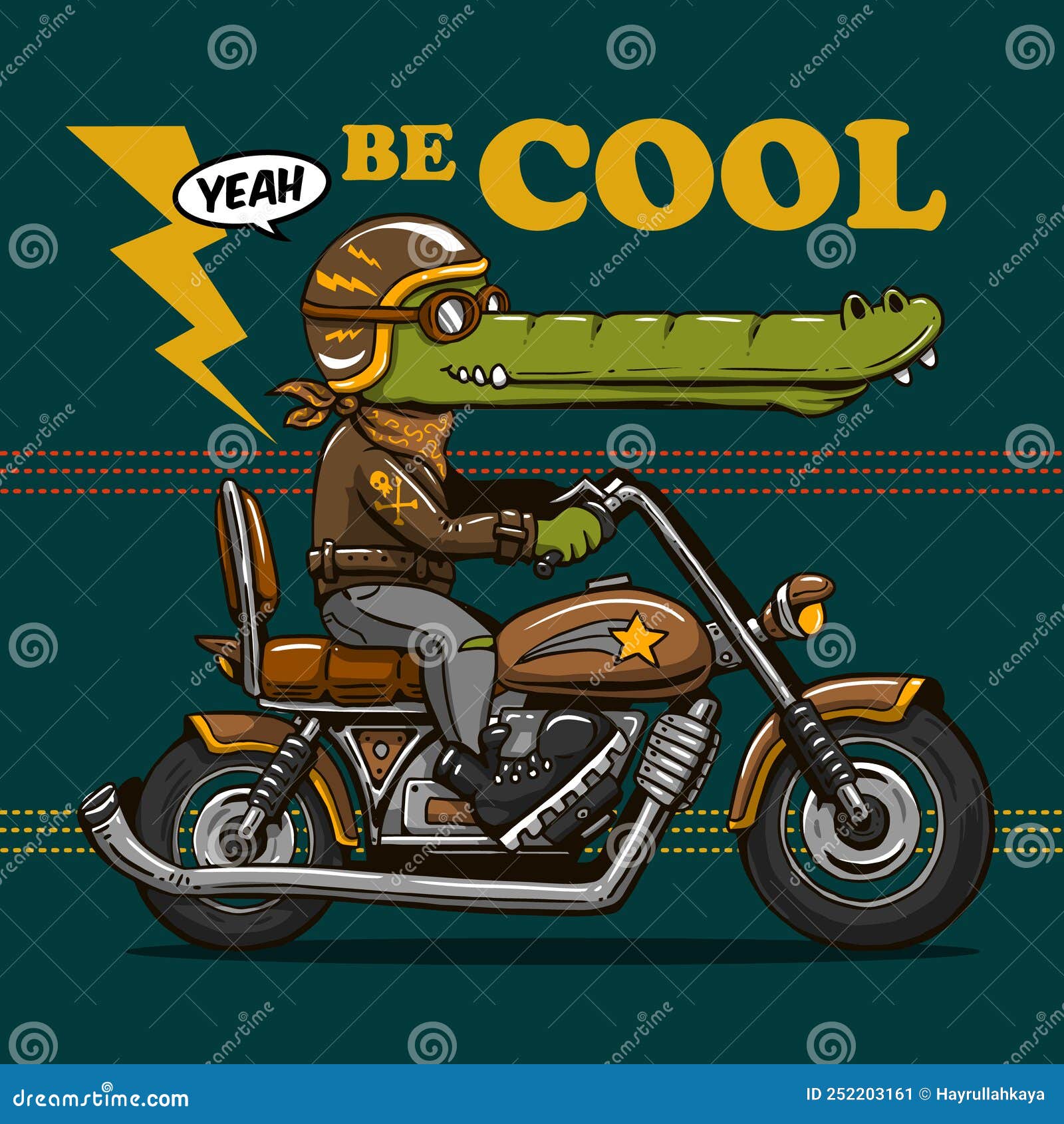 Cool Cartoon Rider Crocodile Character on Chopper Motorbike