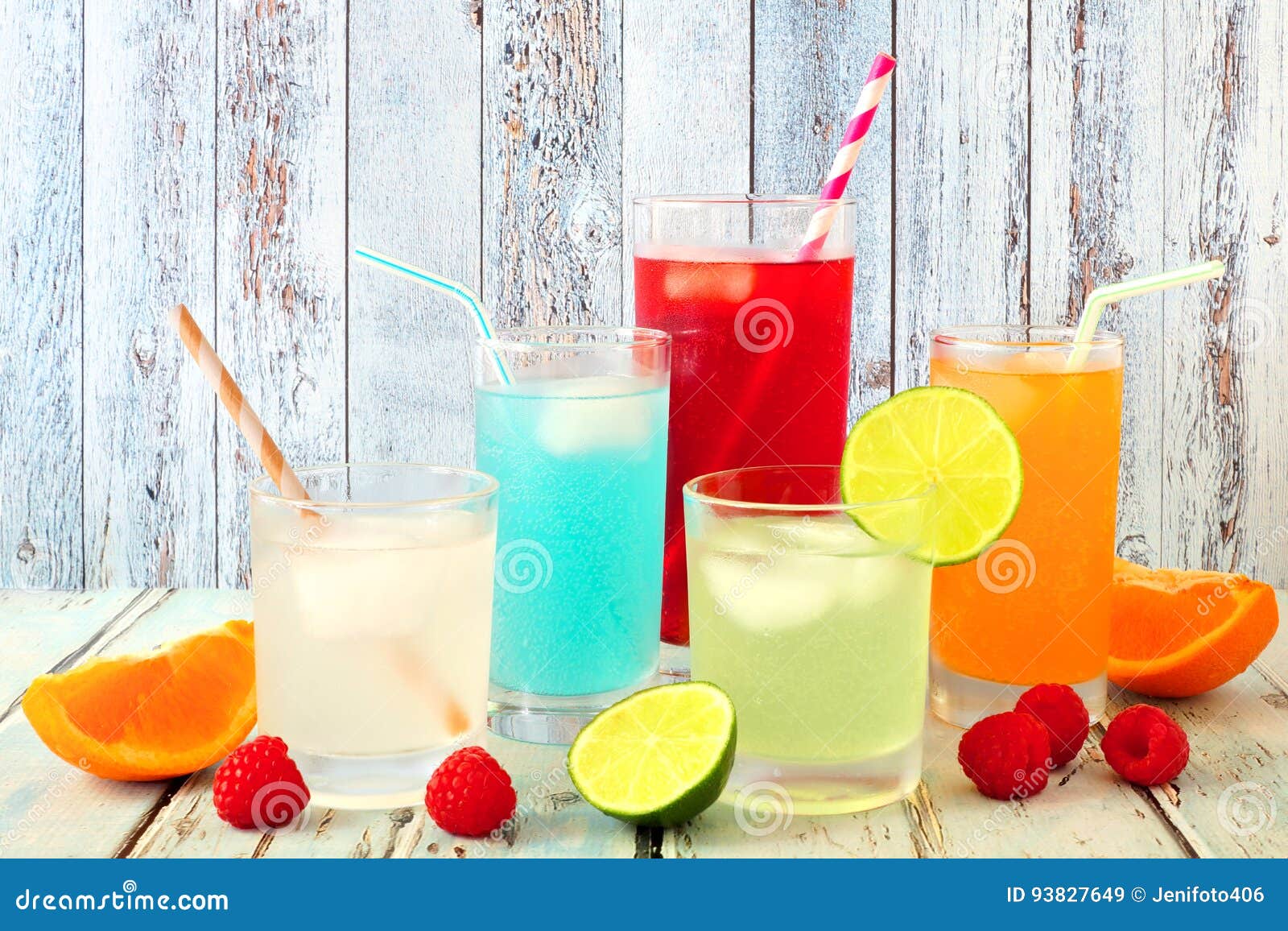 cool colorful summer drinks against rustic wood