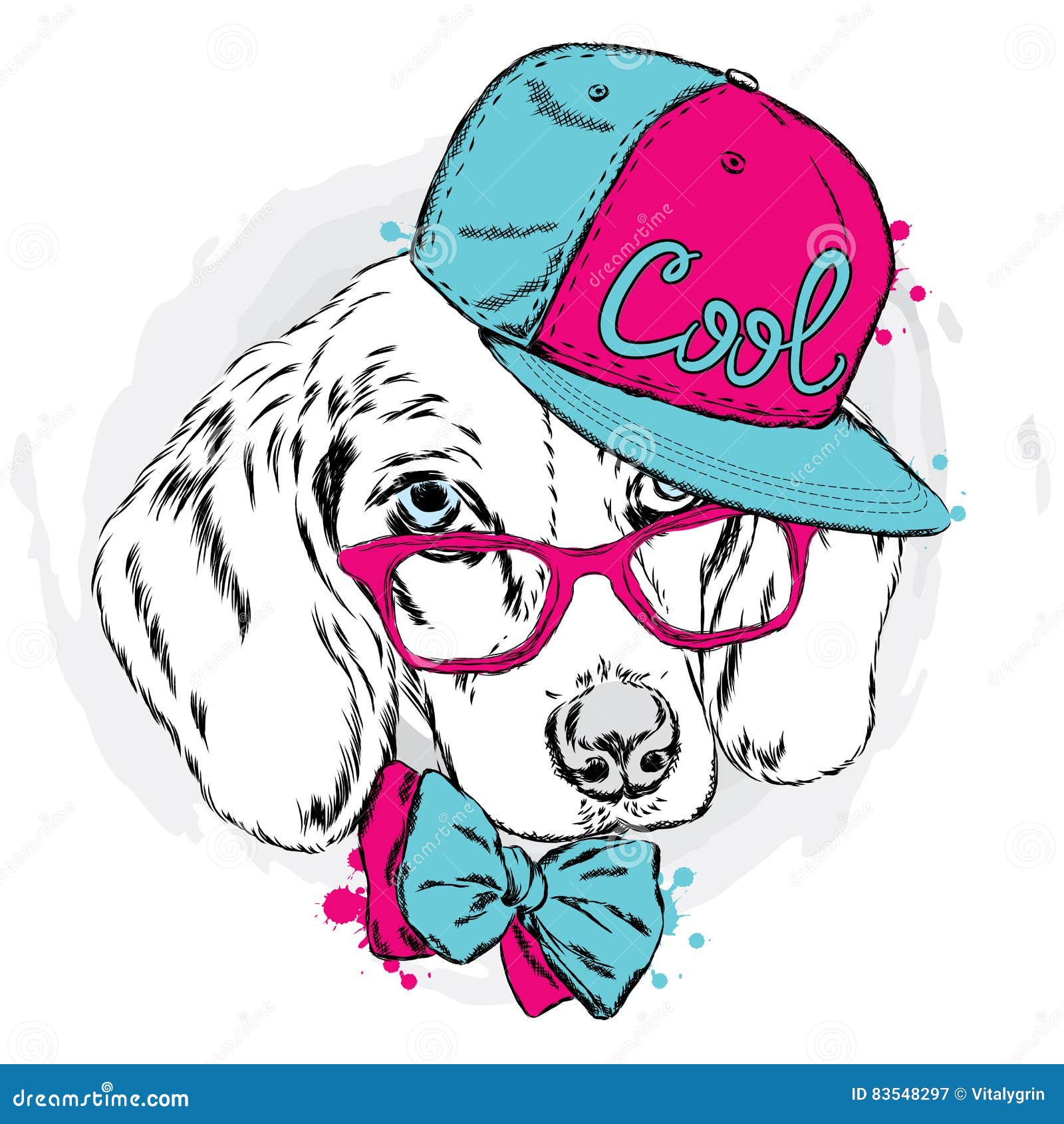 Cool Dog in Cap and Glasses. Cute Puppy. Stock Vector Illustration of