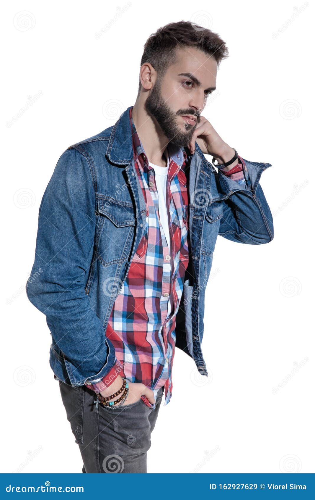 Cool Fashion Guy in Plaid Shirt Holding Hand To Face Stock Image ...