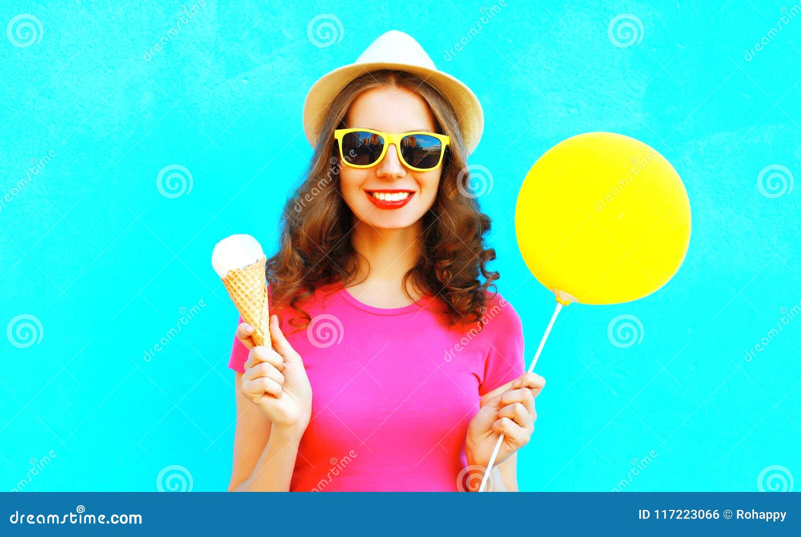 Cool Girl with Yellow Air Balloon and Ice Cream Cone Stock Photo ...