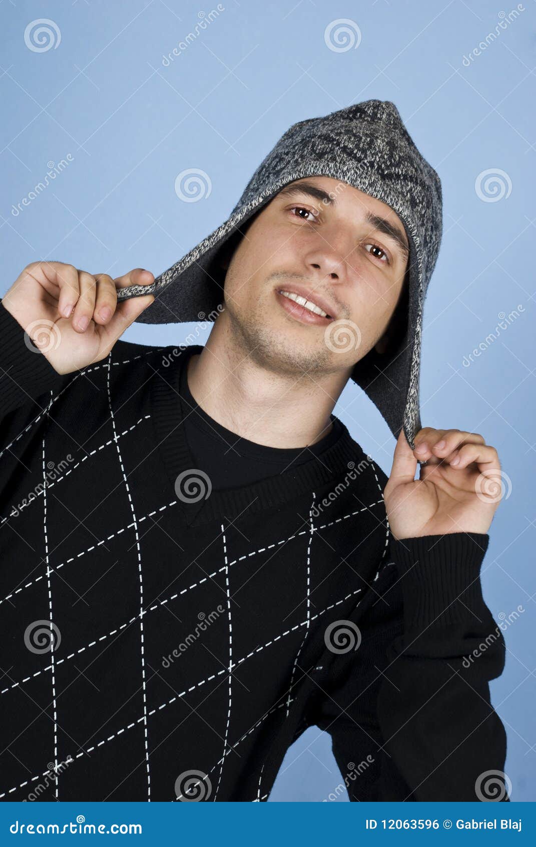 Cool Guy in Sweater and Funny Cap Stock Photo Image of black, grey