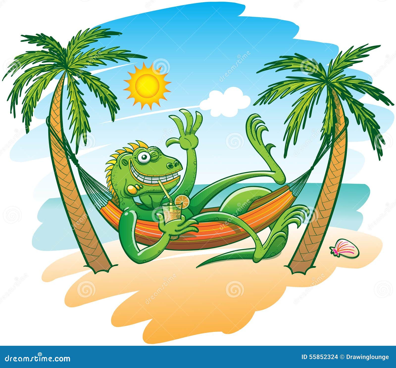 cool iguana enjoying holidays in a hammock on the beach
