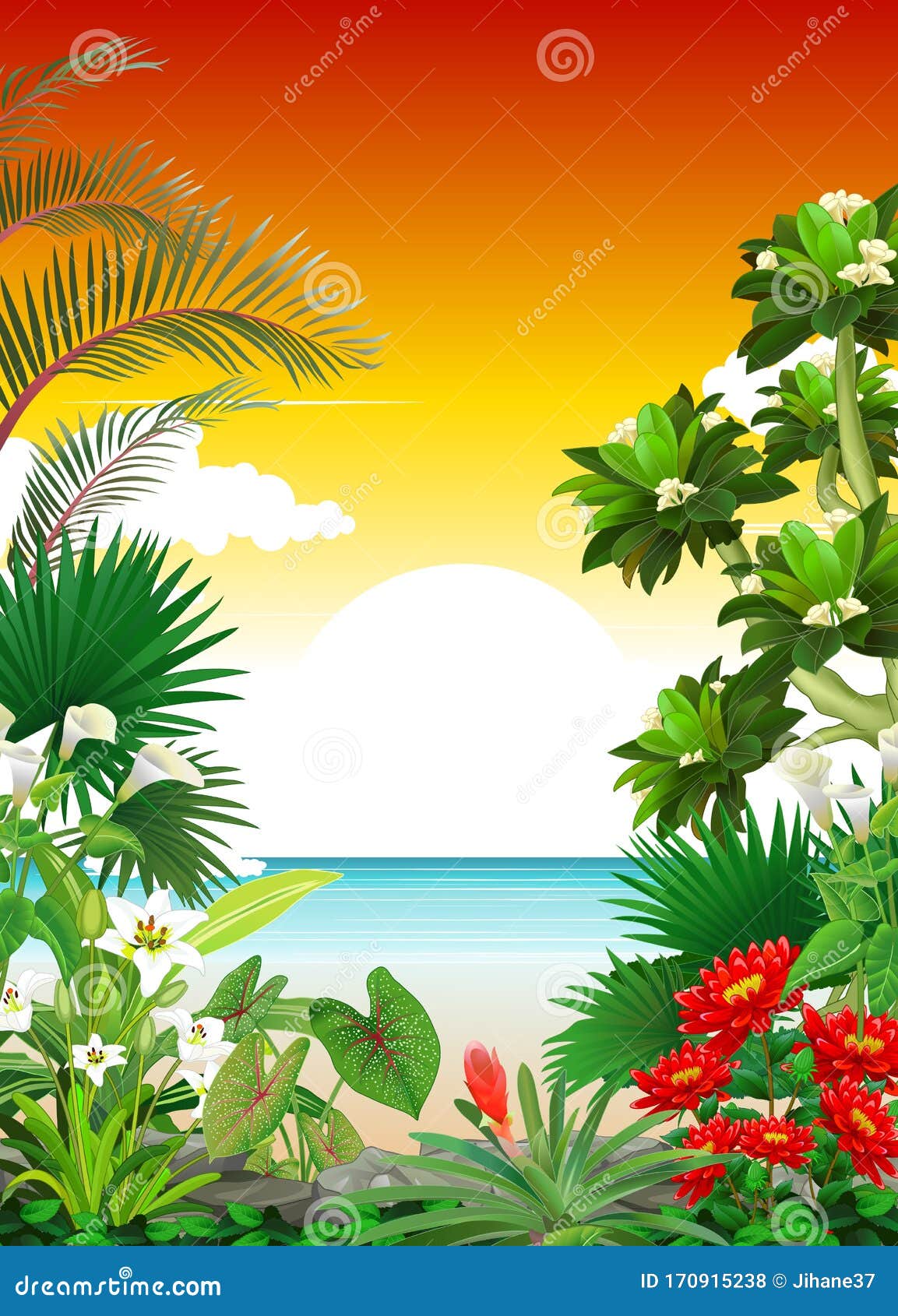 Beautiful Beach View with Tropical Plant and Flower Cartoon Stock  Illustration - Illustration of grass, kids: 170915238