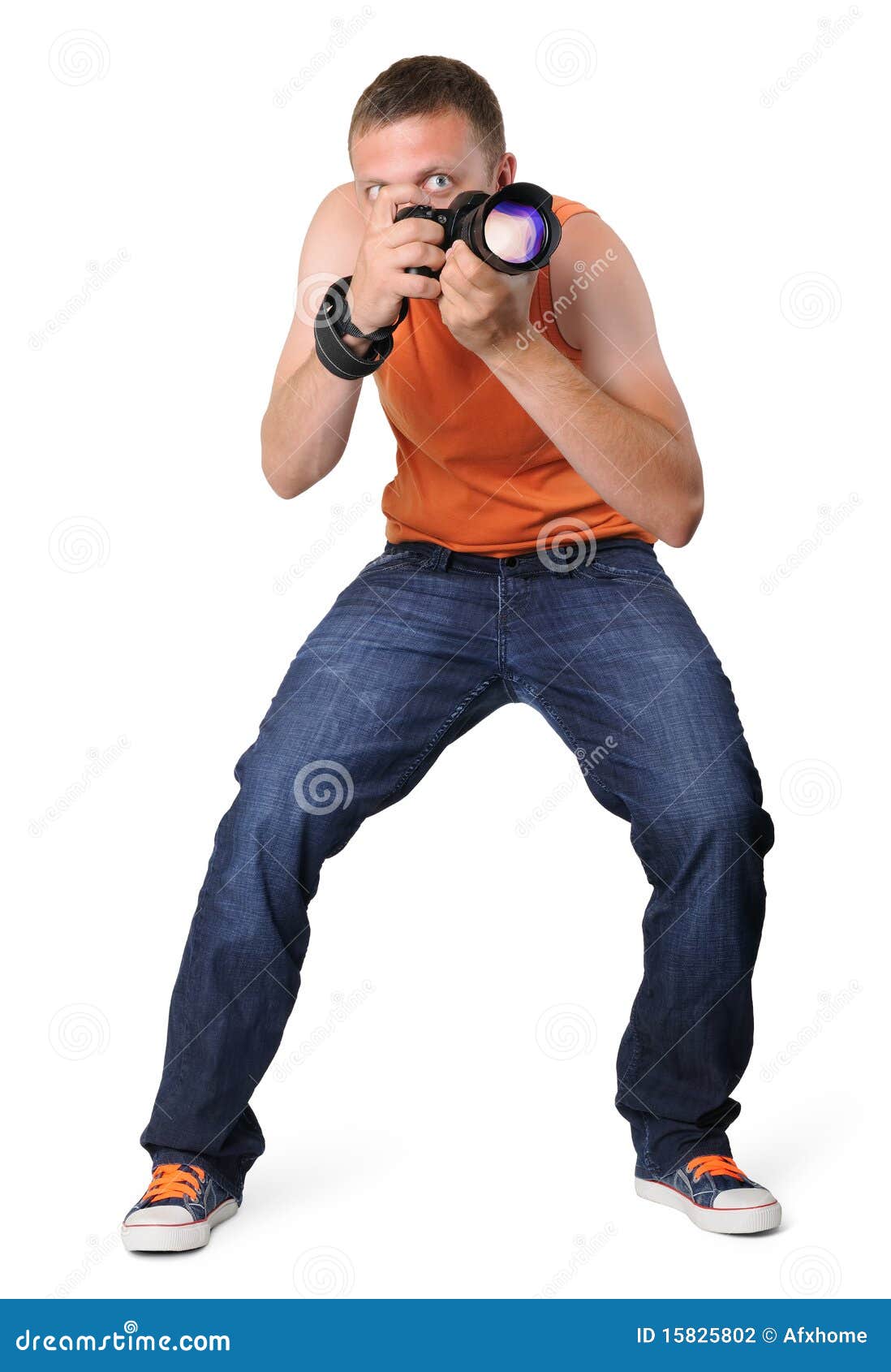 Cool Man Photographer with Camera in Sniper Pose Stock Photo Image of