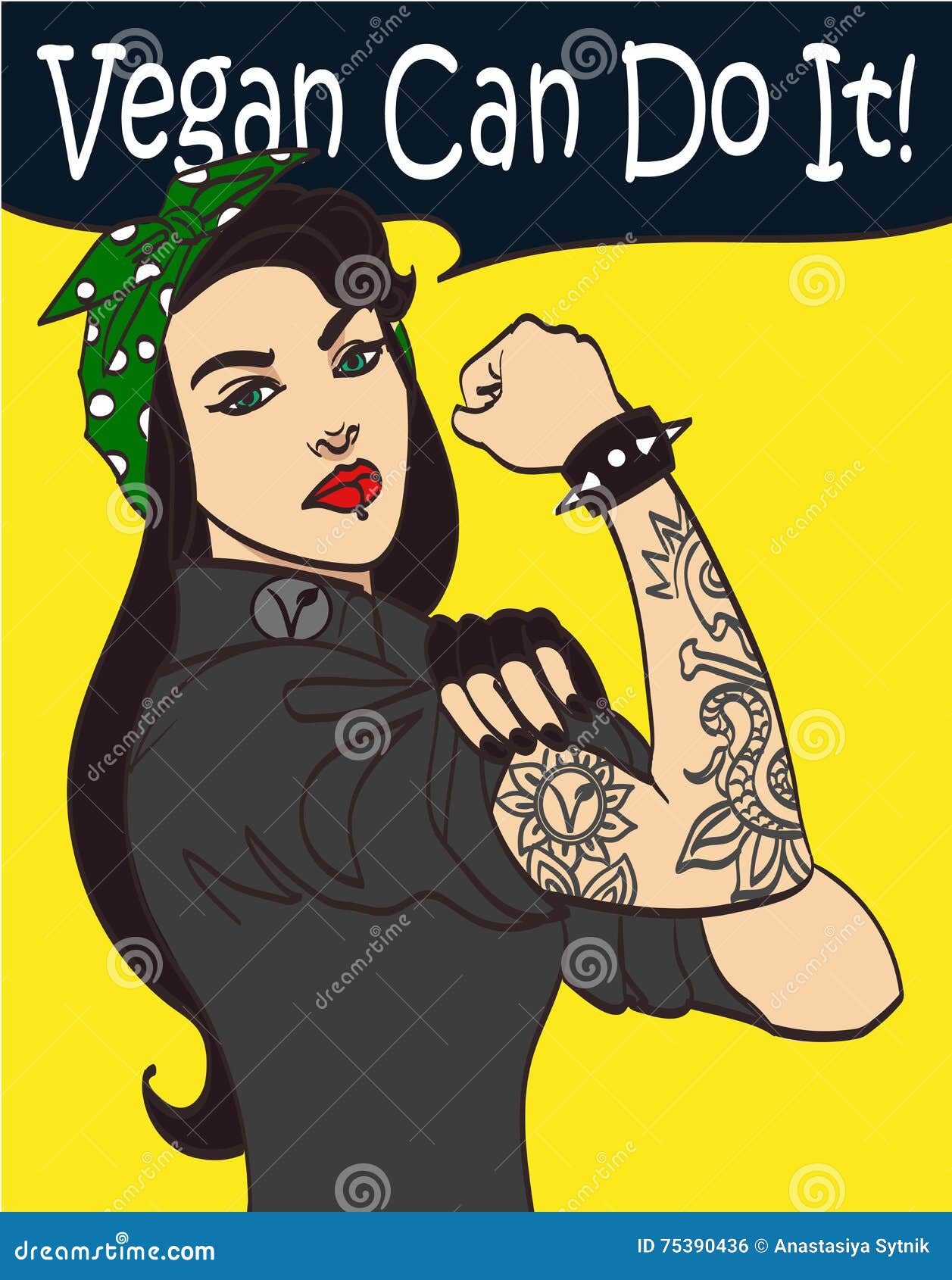 cool nice drawn  subculture punk gothic woman with signature we vegan can do it. in layers, eps 10