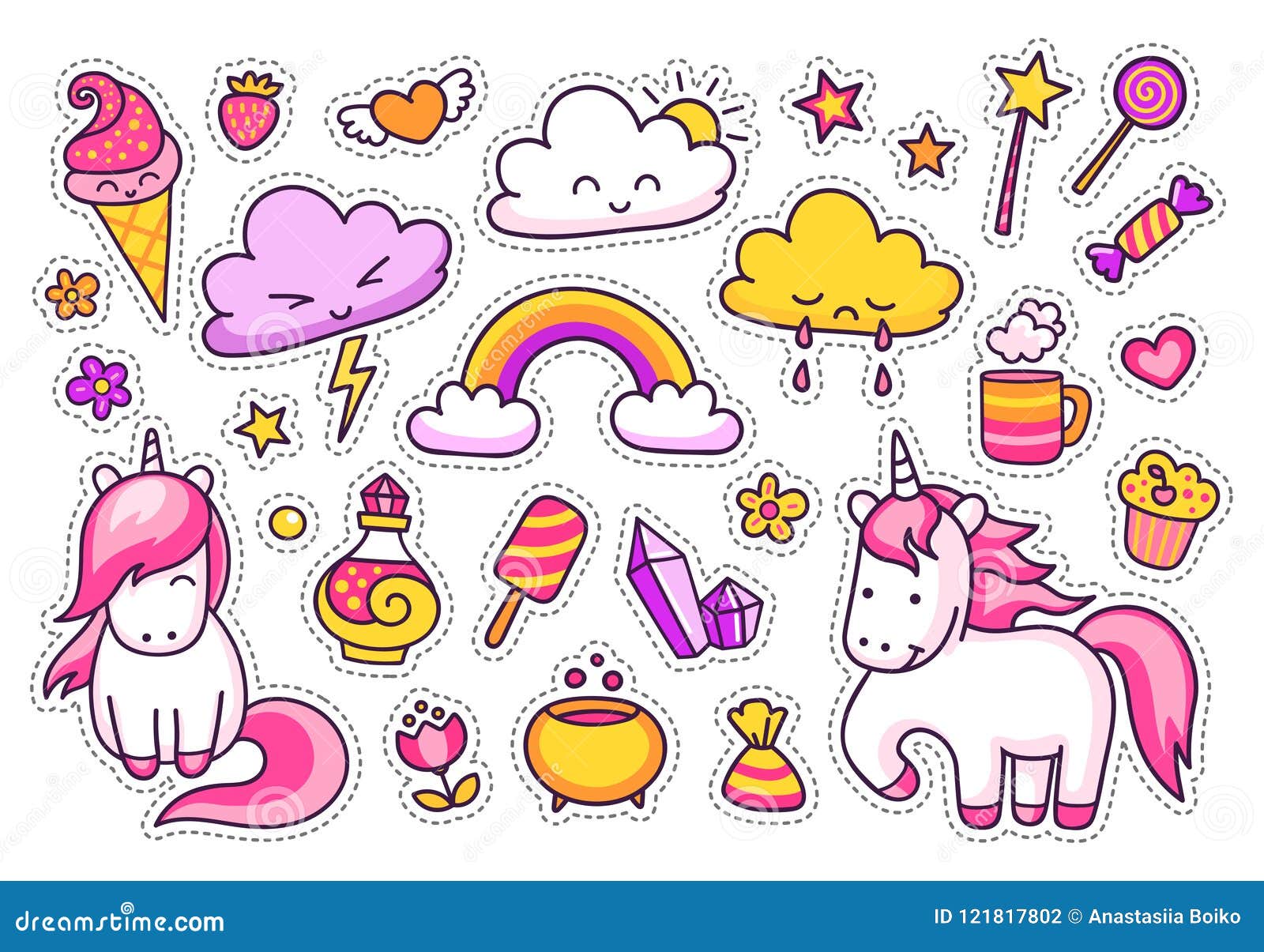 Cool Stickers Set of Cartoon Characters, Clouds, Rainbow, Magic