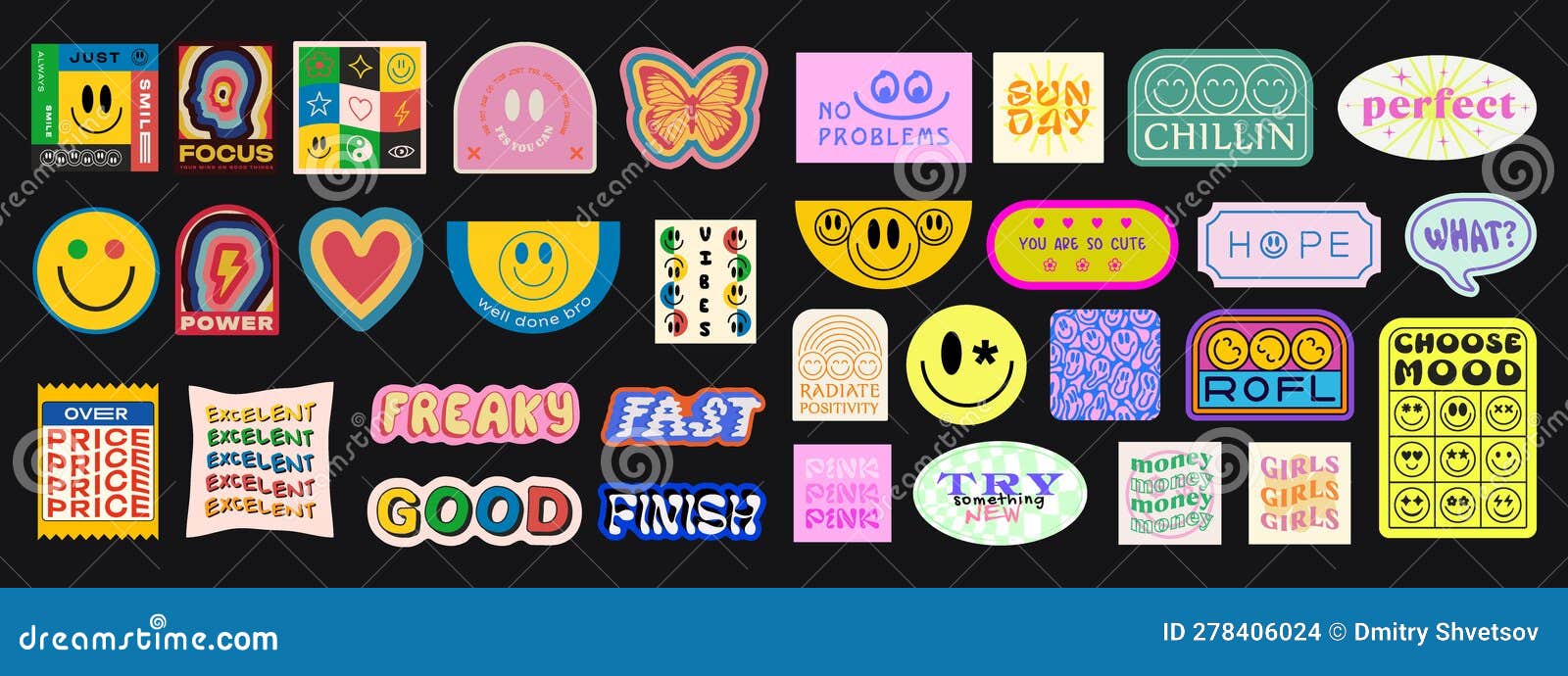 Cool Trendy Geometric Smile Stickers Set. Collection of Groovy Patches ...